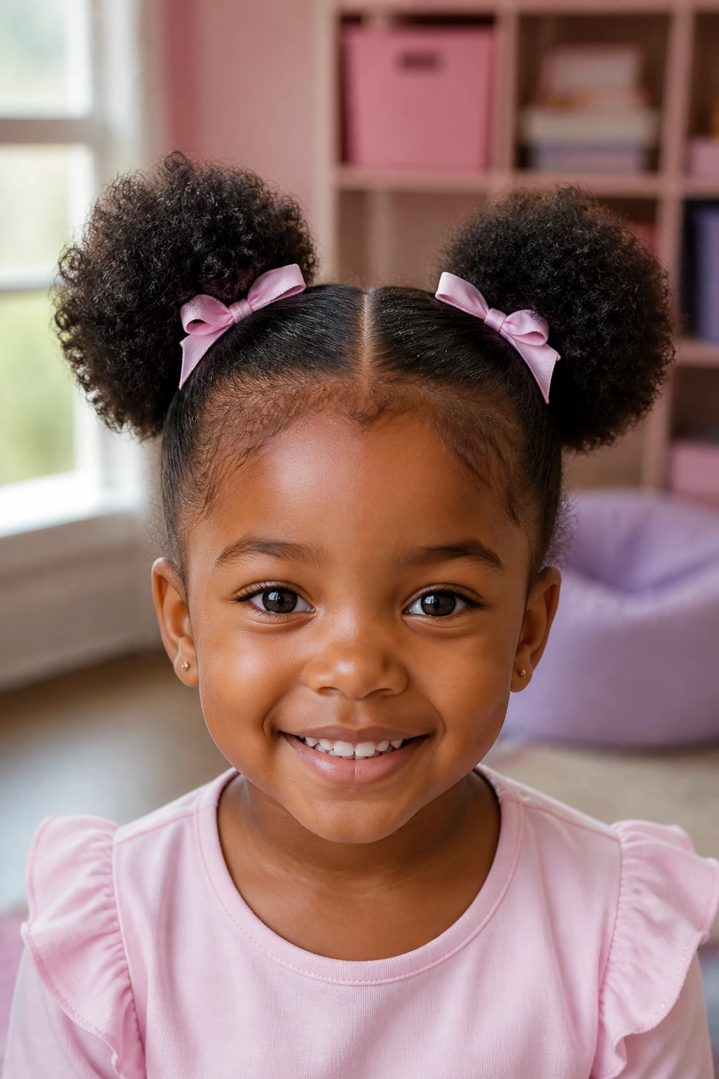 Close-up of a real child with two puffs and a middle part wearing small ribbons