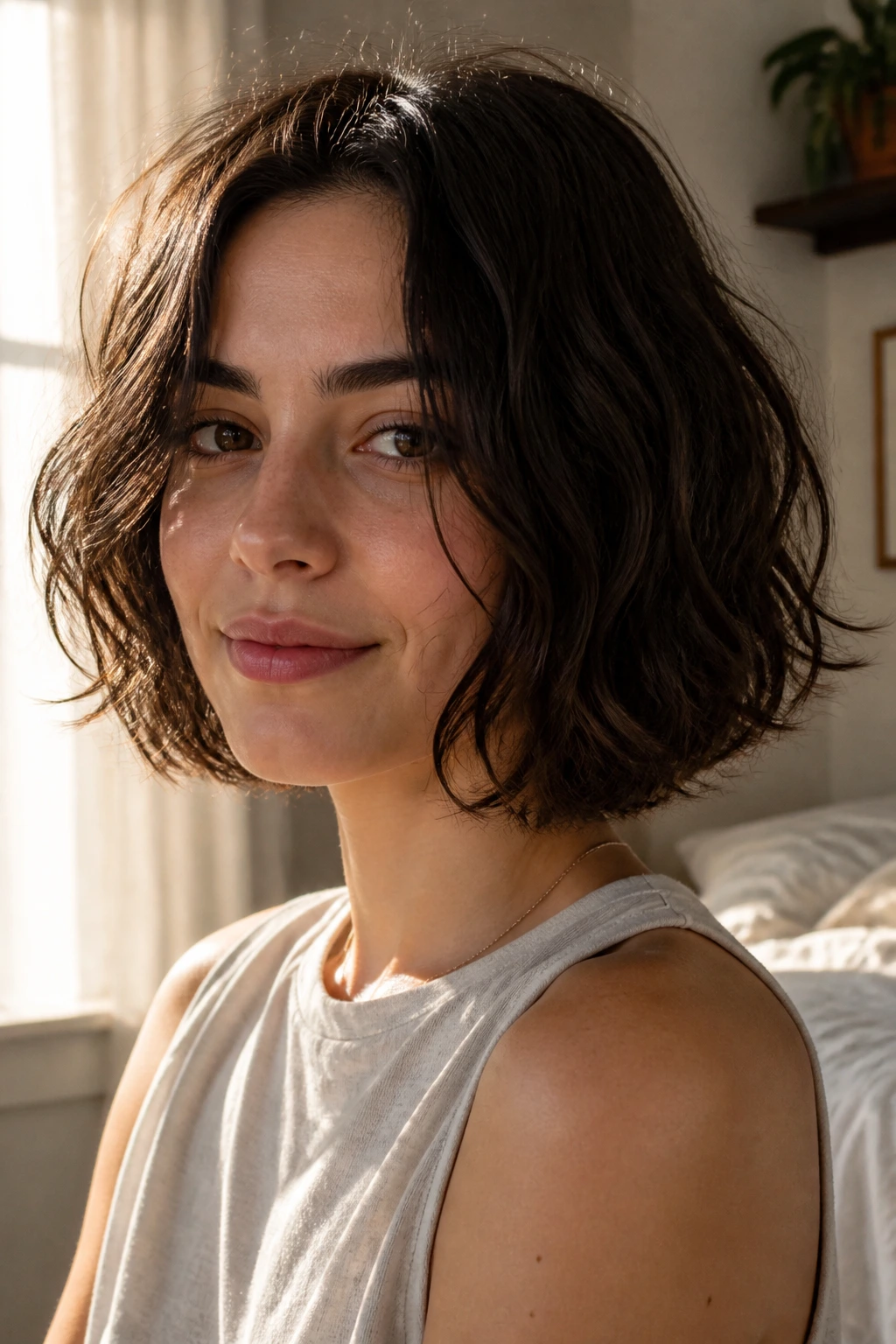Portrait of a woman with an air-dry bob and natural waves in window light