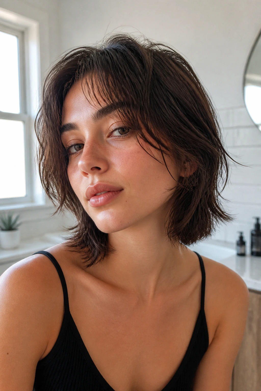 Real woman with air-dry wolf cut bob and damp roots in bathroom light.