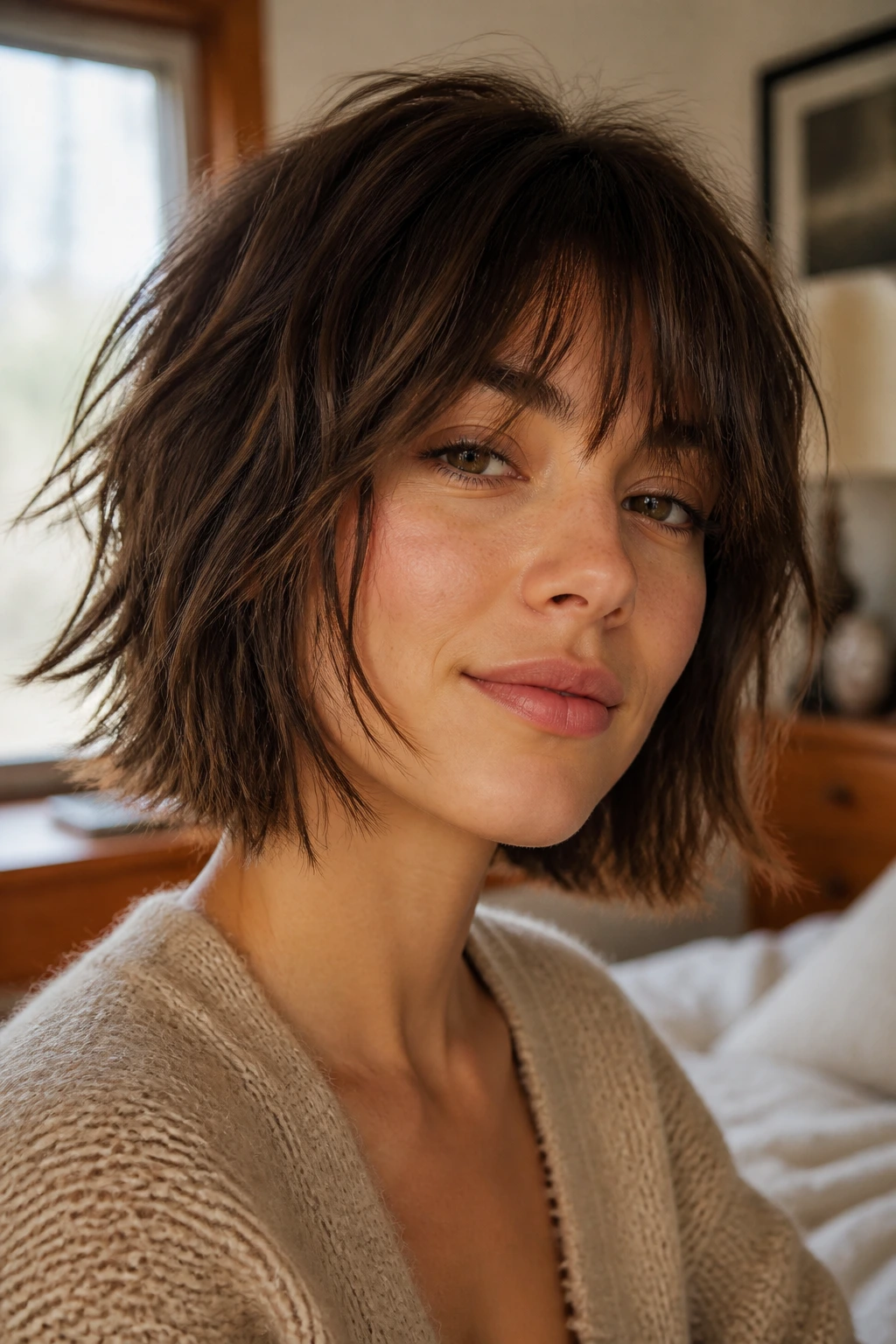Close-up of a real woman with airy shaggy bob and wispy bangs in cozy bedroom light