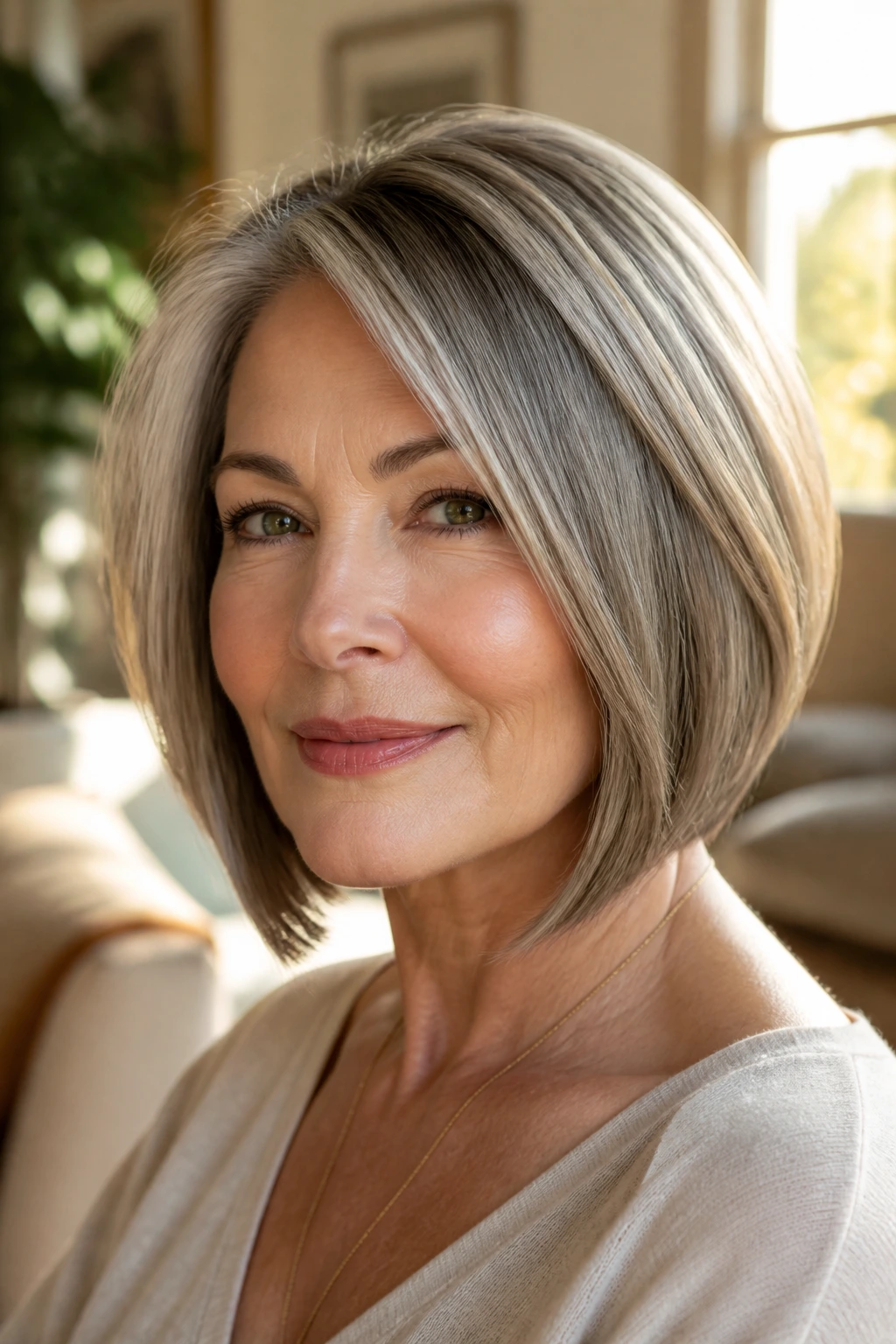 Close-up portrait of a real woman with an angled jawline-narrowing bob in warm window light.