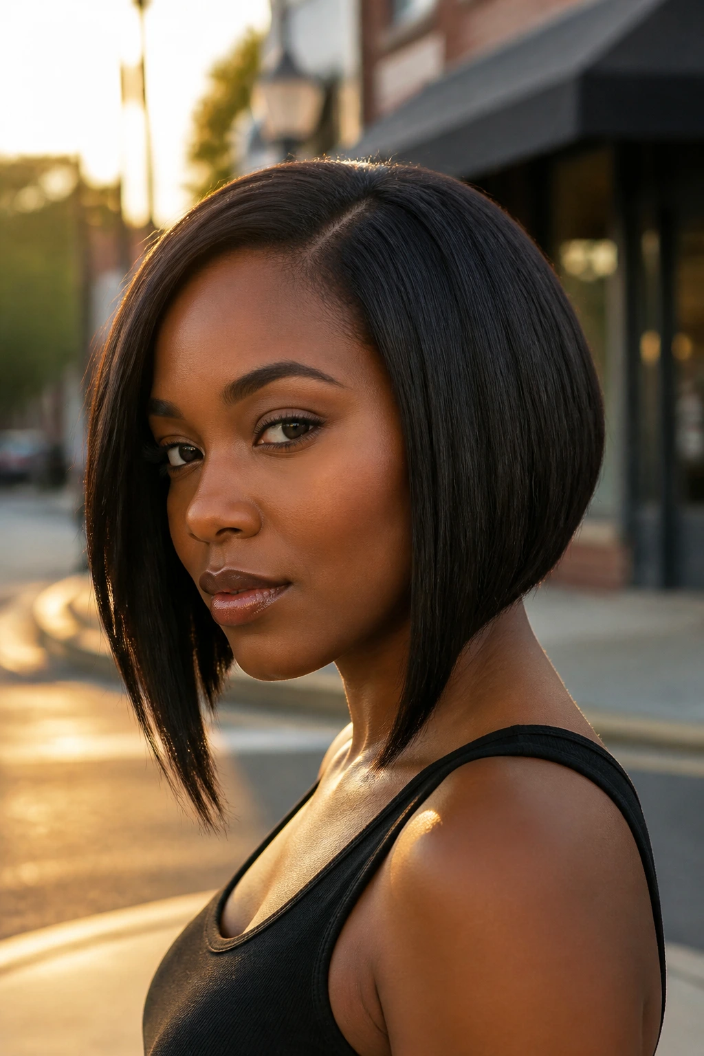 Real woman with an angled bob and longer front pieces in golden hour light