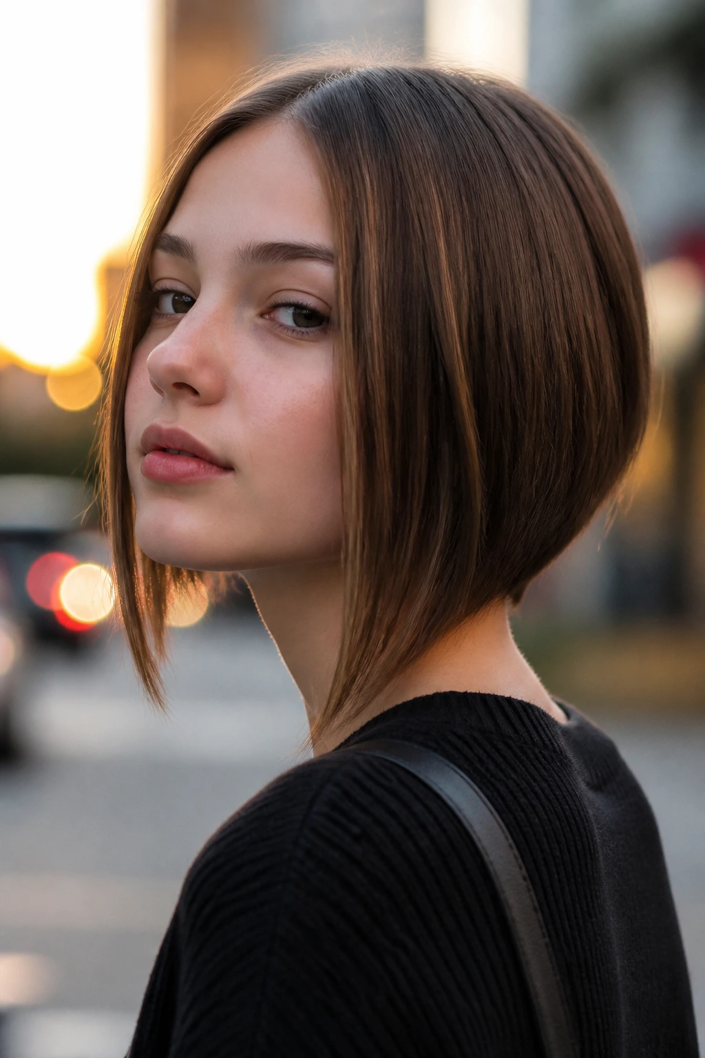 Close-up of a real teen girl with an angled bob on a city street at golden hour