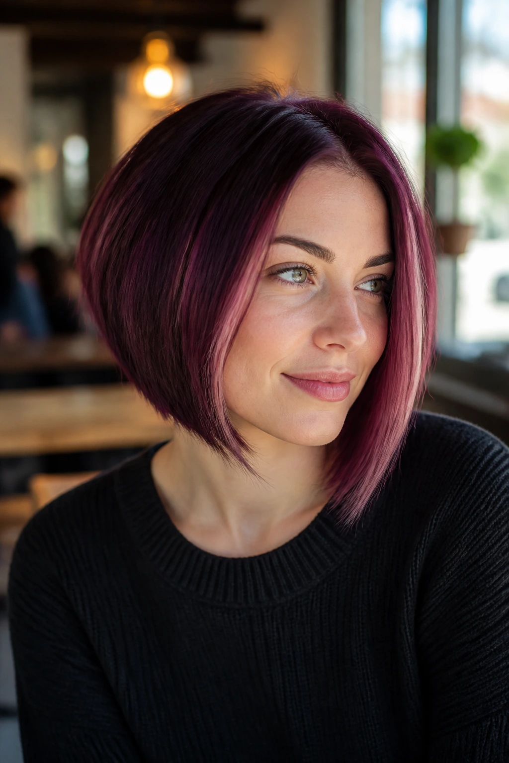 Close-up portrait of a real woman with an angled bob and mulberry money pieces framing her face