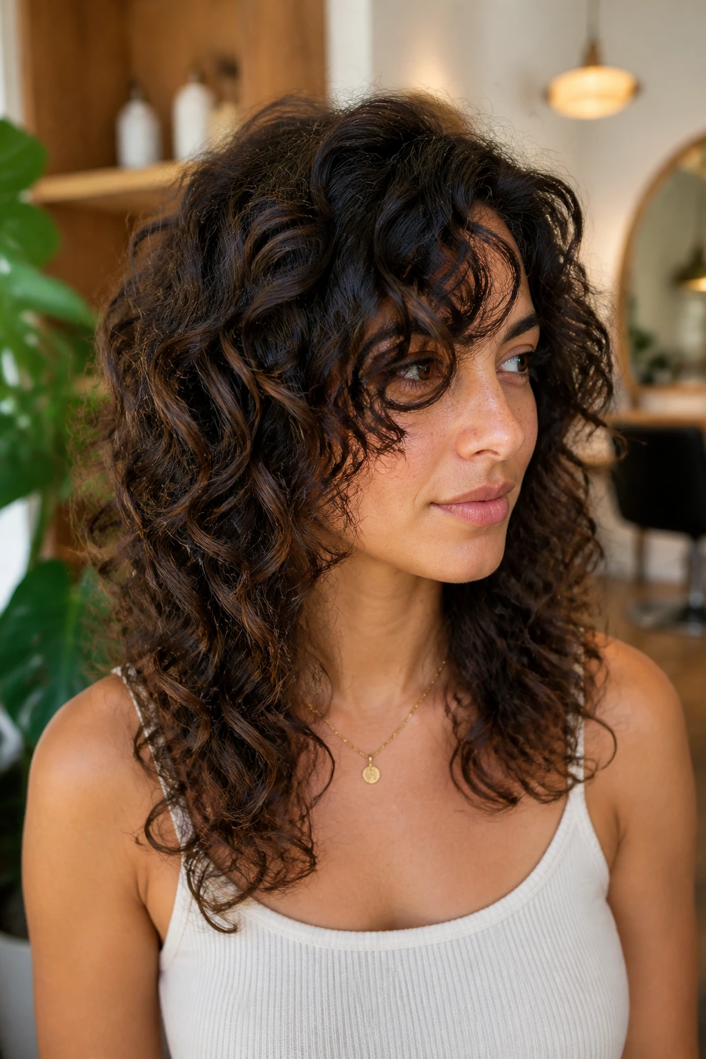 Close-up portrait of a real woman with an angled layered cut on curly hair in a warm salon setting