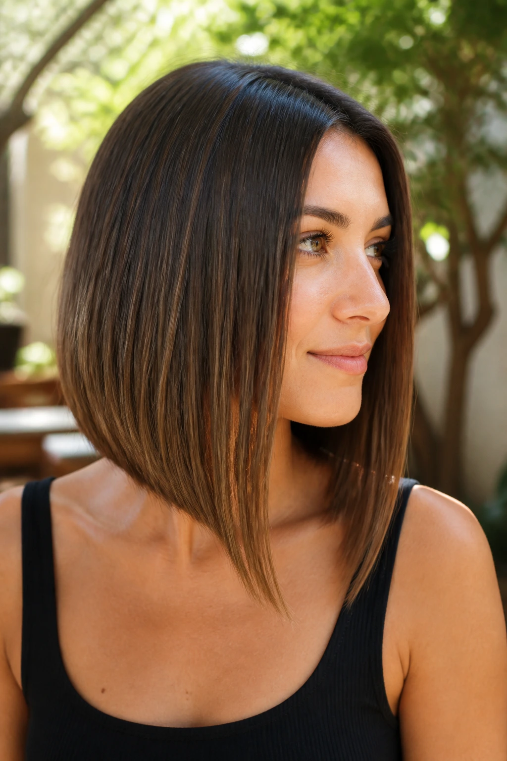 Portrait of a woman with an angled long bob in an outdoor setting.