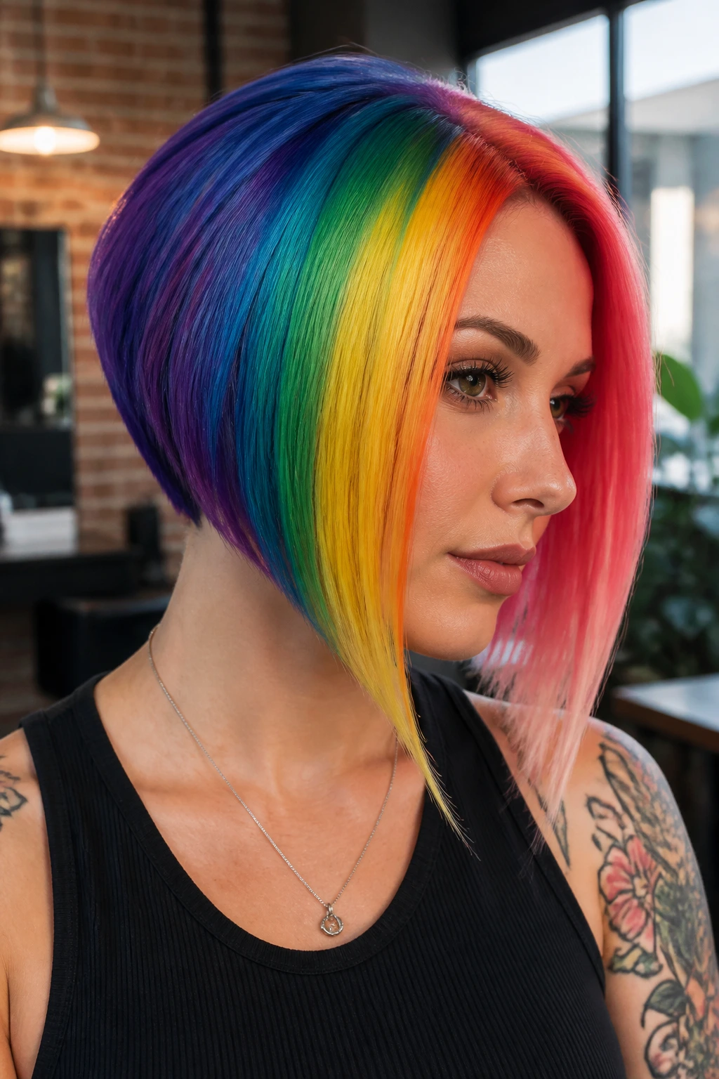 Portrait of a real person with an angled rainbow bob showing a sharp diagonal front line