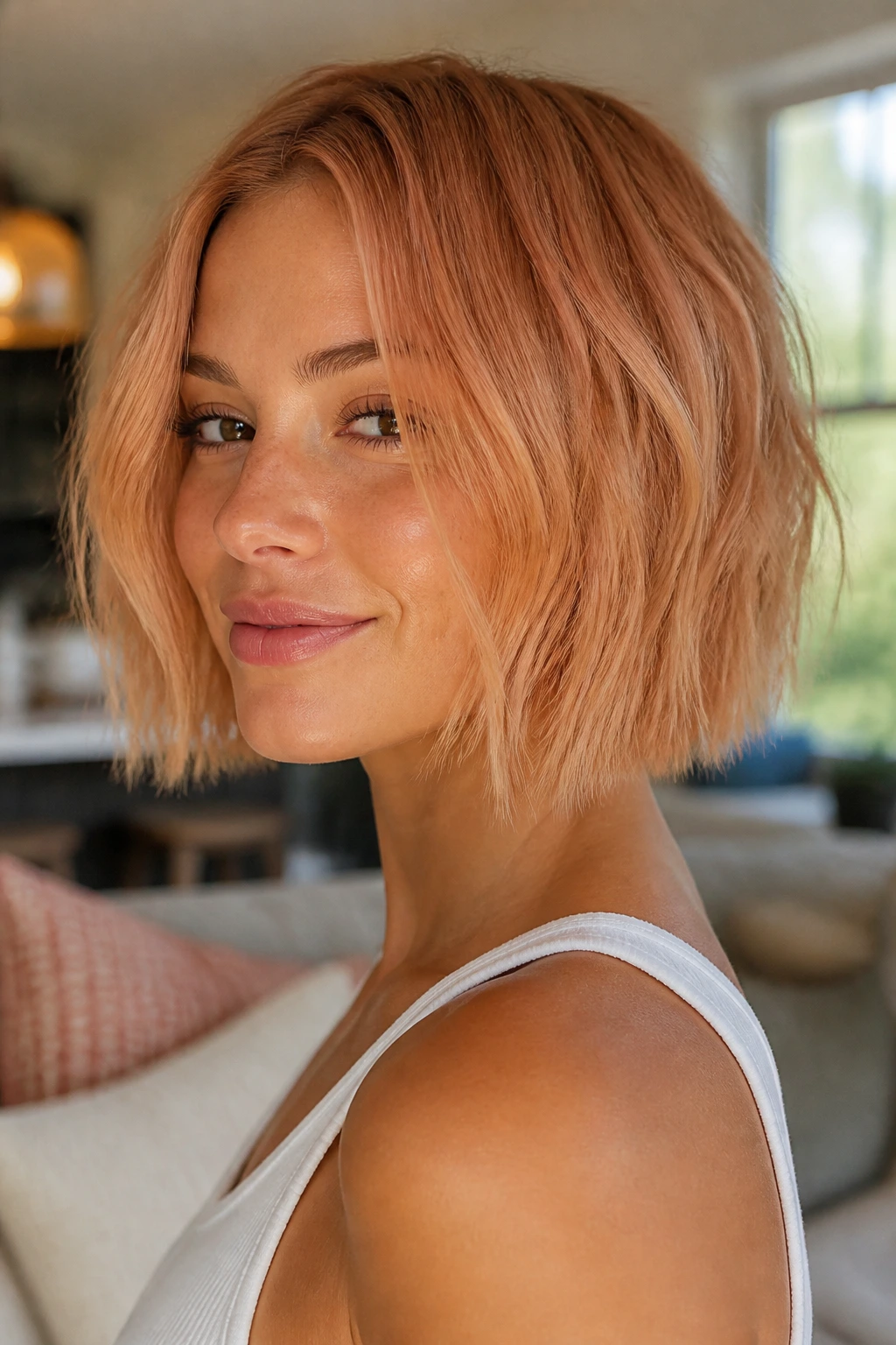 Close-up of a real woman with an apricot piecey bob in warm light