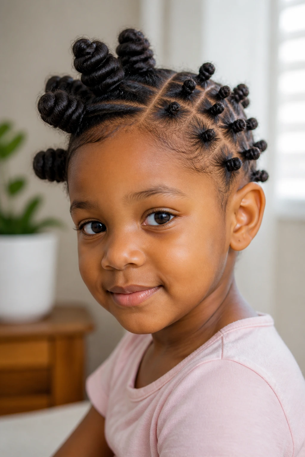 Child with asymmetrical bantu knots on one side of the head