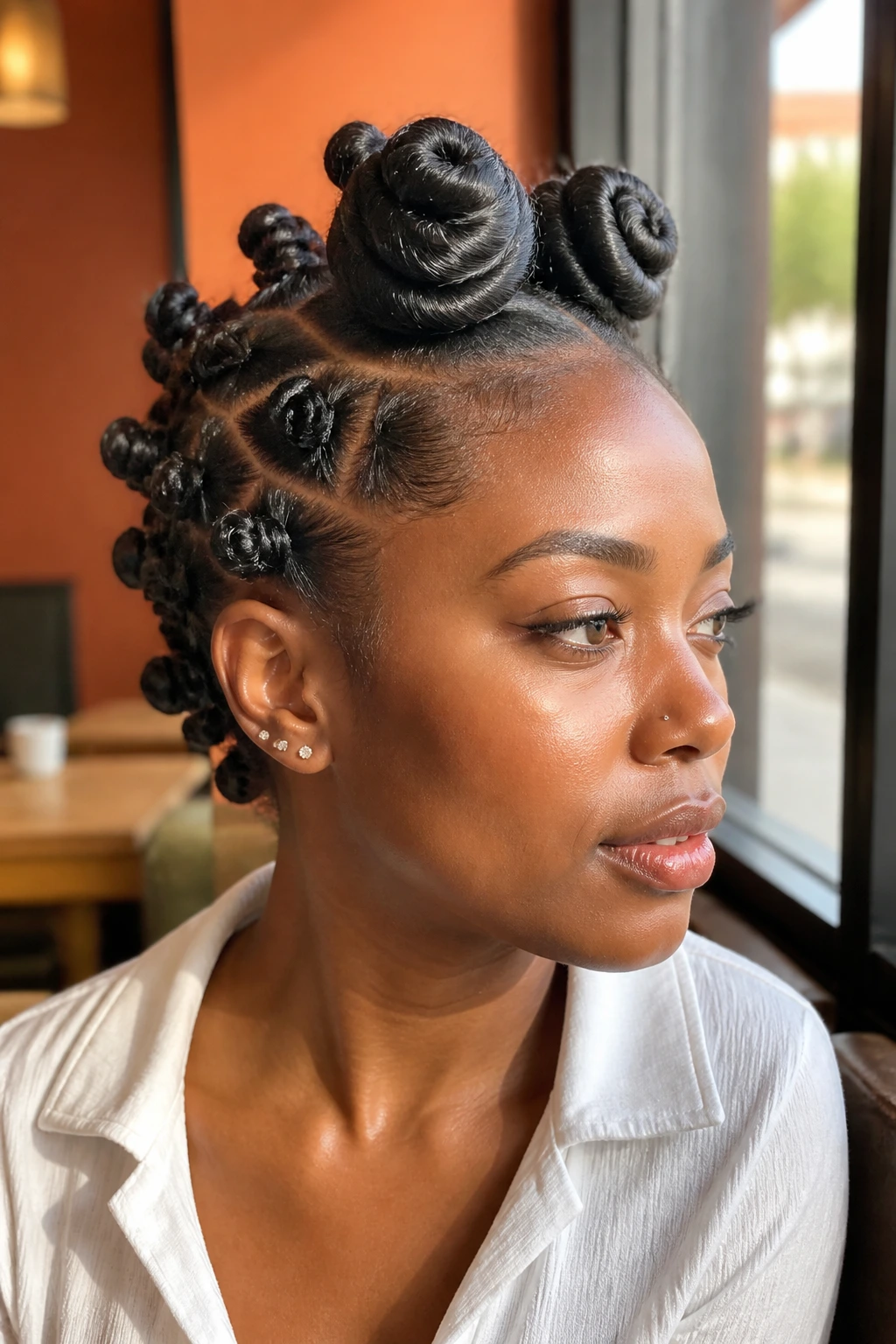 Portrait of a real person with asymmetrical Bantu knots.