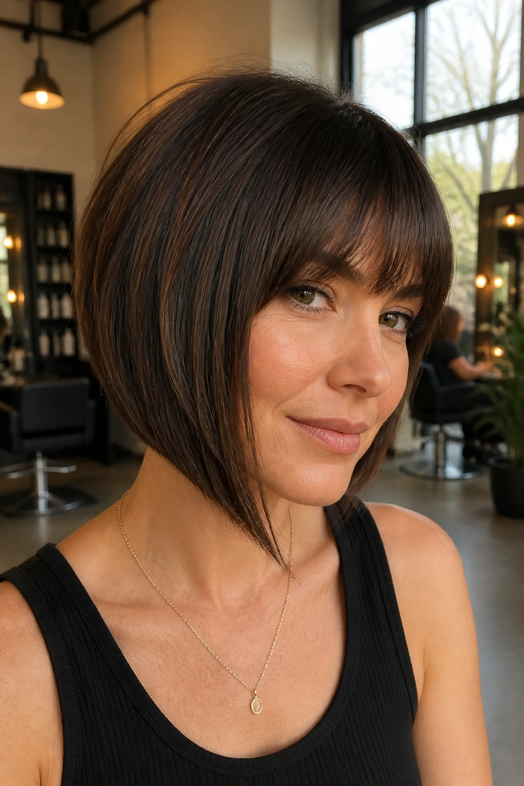 Close-up portrait of a real person with an asymmetrical bob and bangs, one side longer, bangs blending into the front, in a salon setting