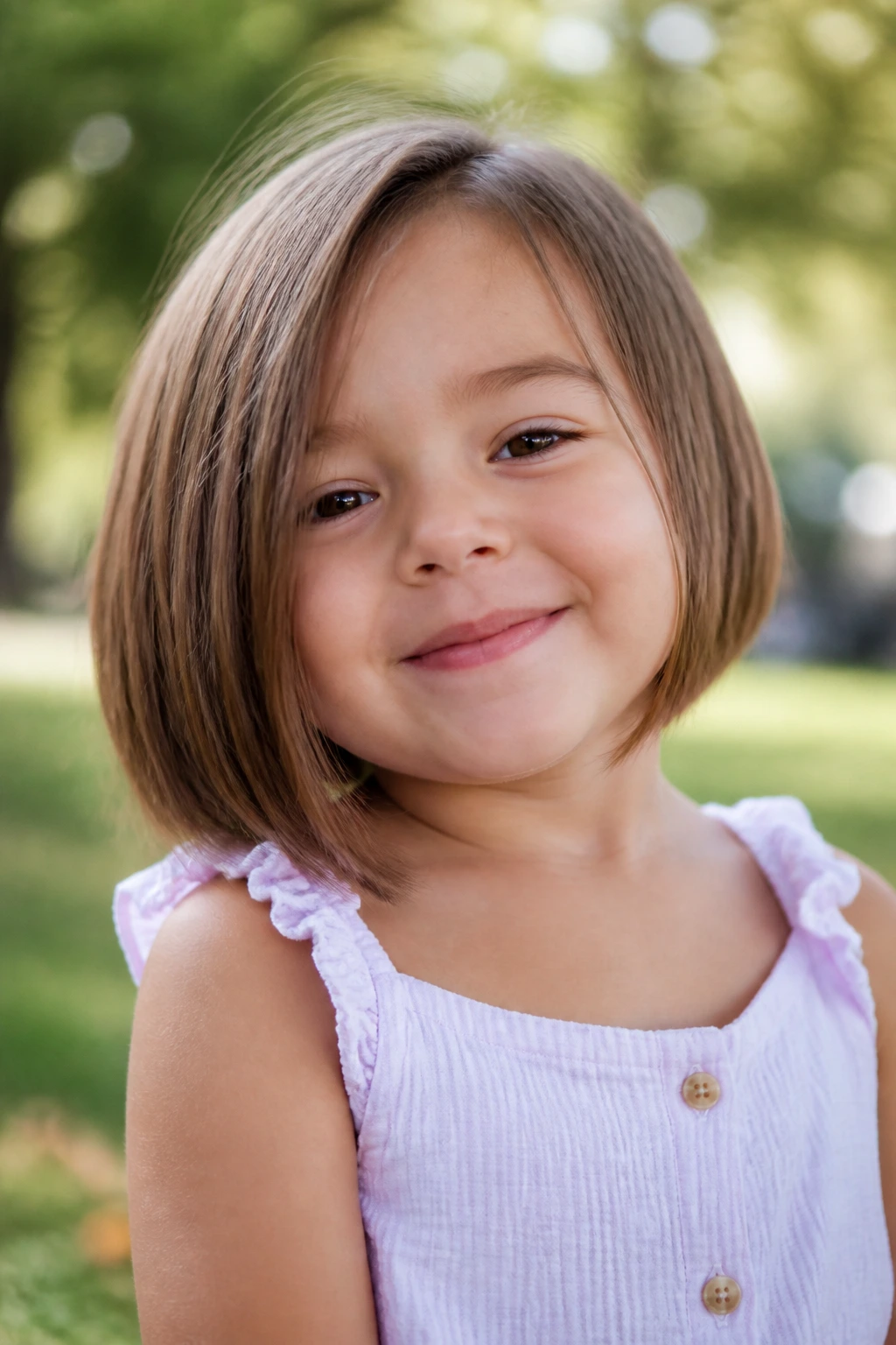 Close-up of a little girl with a slightly asymmetrical bob outdoors in a sunlit park