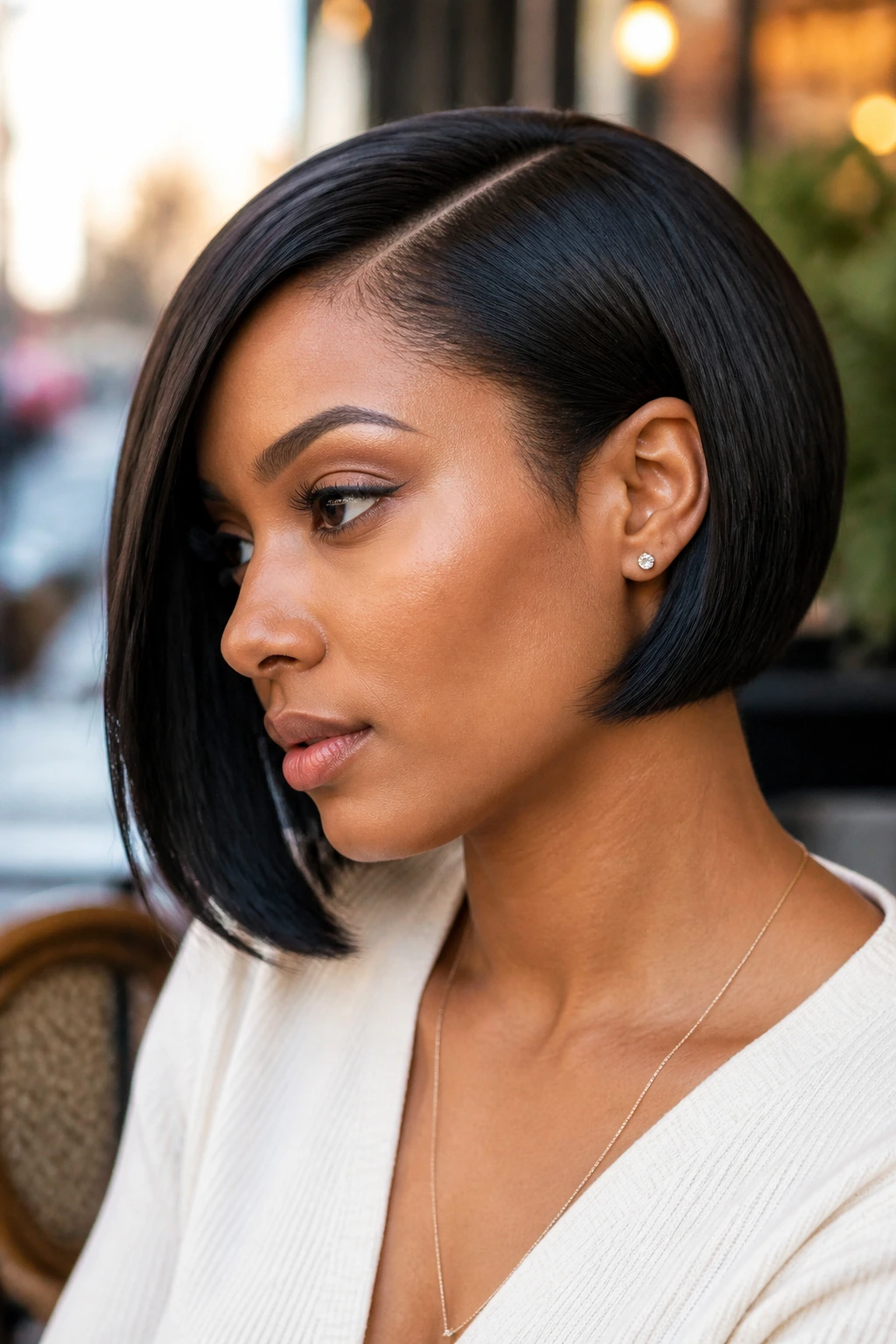 Real person in a cafe setting with an asymmetrical bob and deep side part visible from a side profile