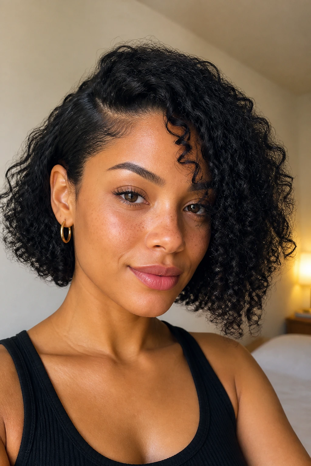 Close-up portrait of a real woman with a deep side part asymmetrical bob.