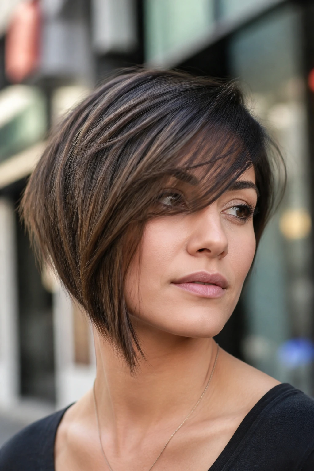 Close-up of a real woman with asymmetrical razor bob and side-swept fringe in urban daylight