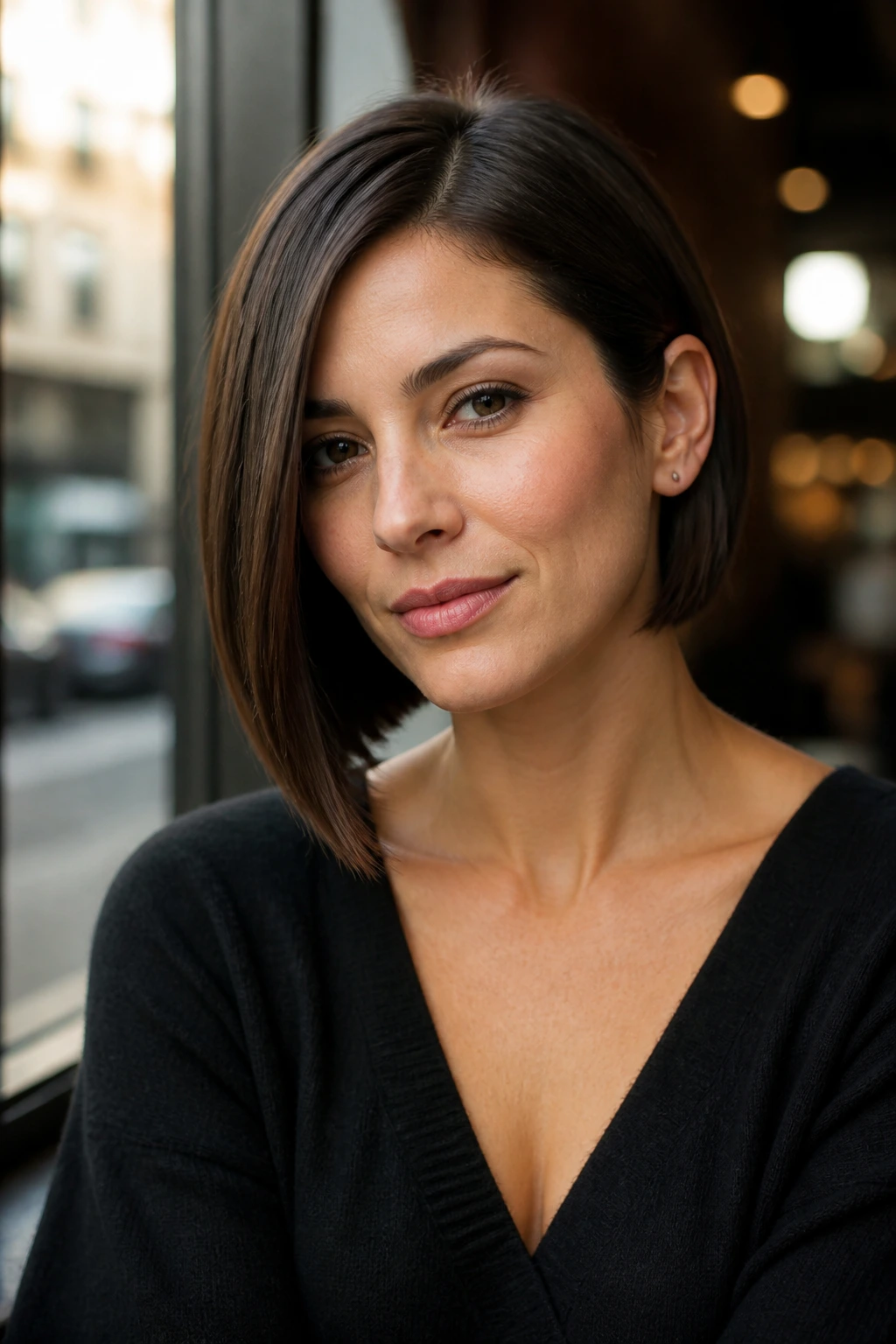 Portrait of a woman with an asymmetrical bob and subtle length difference.