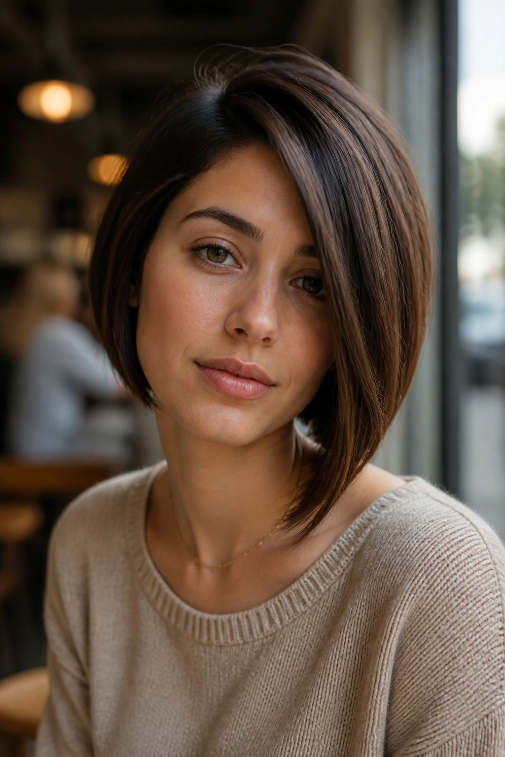 Close-up portrait of real woman with asymmetrical bob, one side longer, natural daylight in cafe