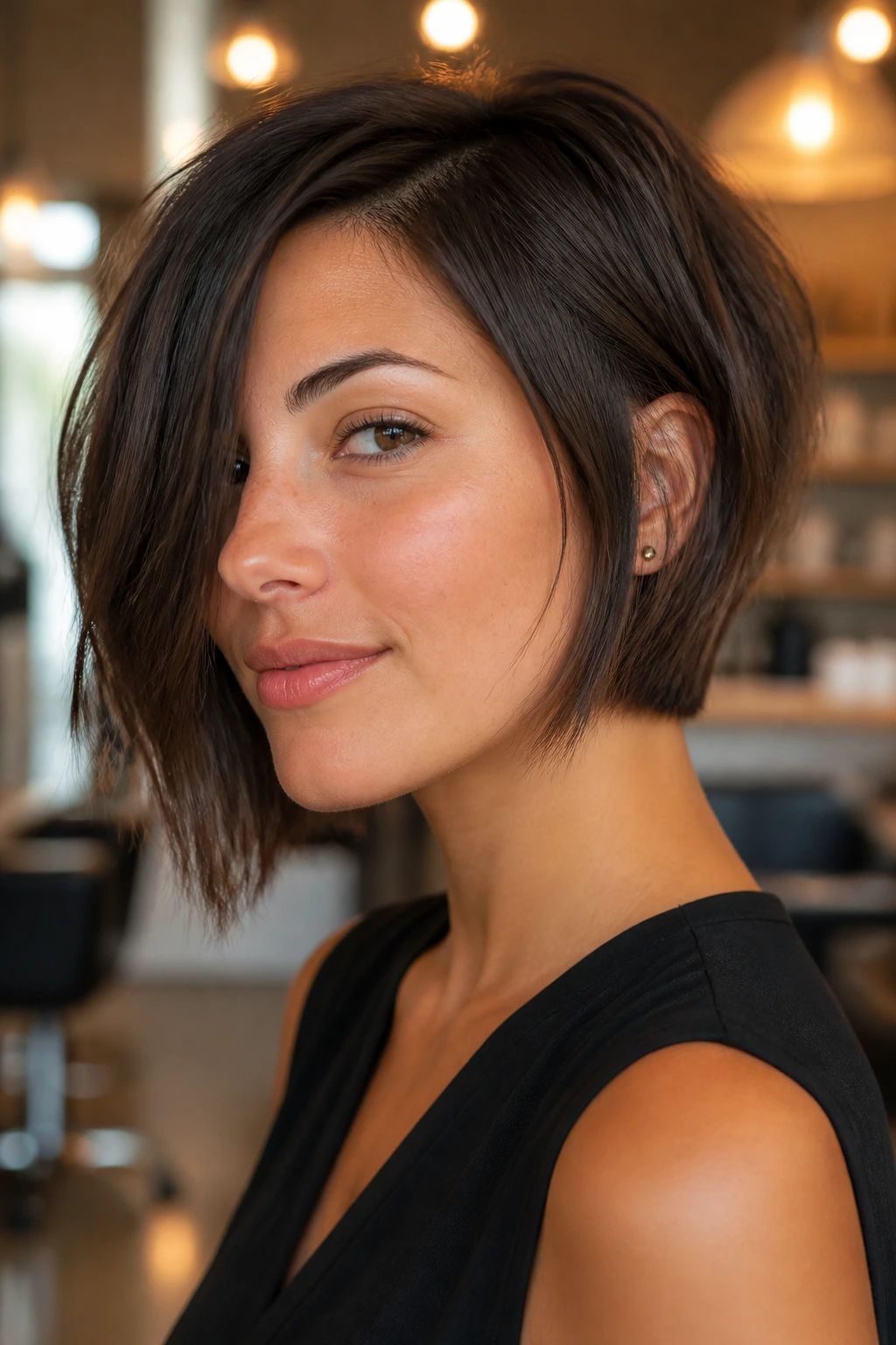 Close-up of a real person with an asymmetrical point-cut bob showing subtle length difference and textured ends