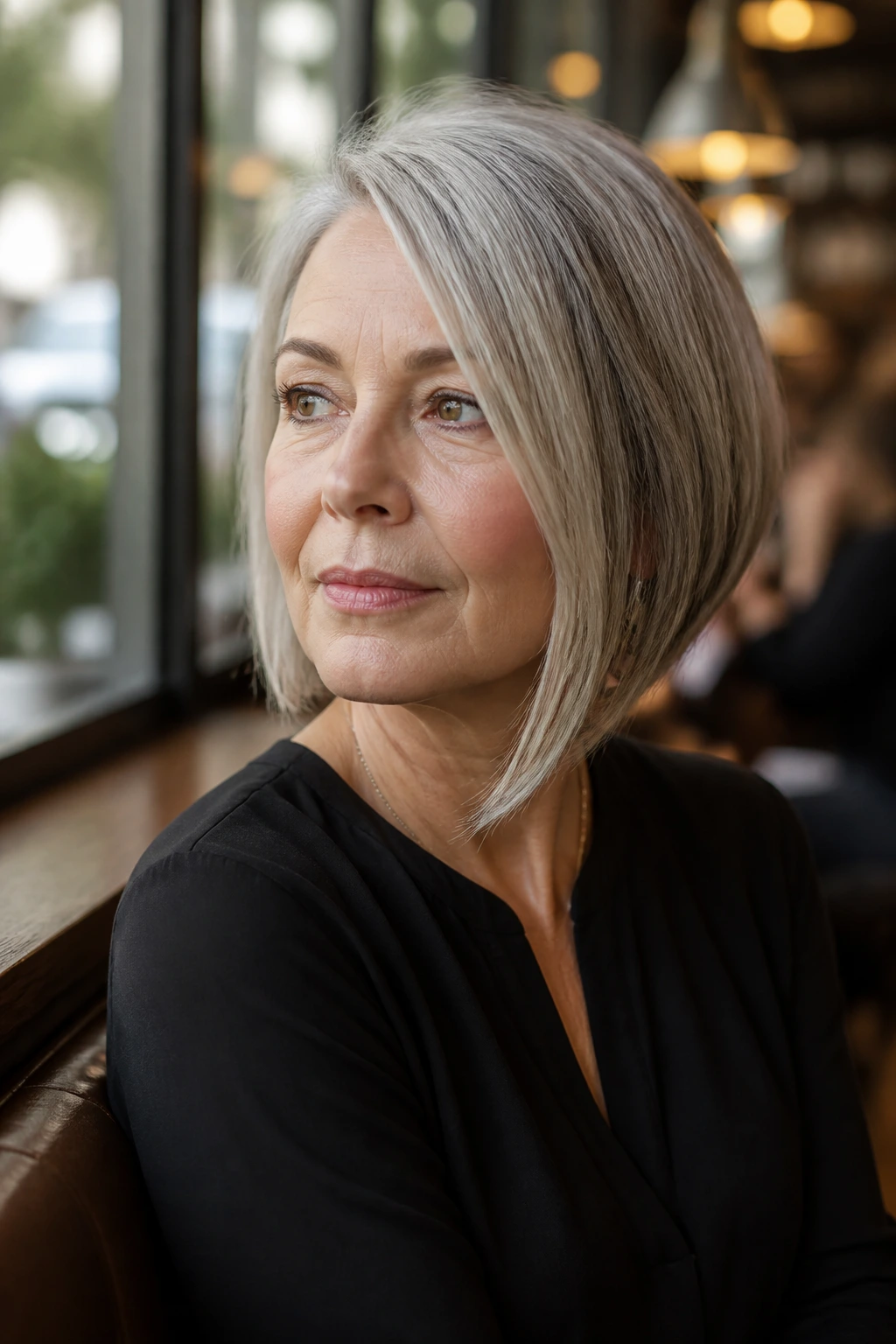 Close-up portrait of a real woman with an asymmetrical bob, one longer side, soft moving hair.