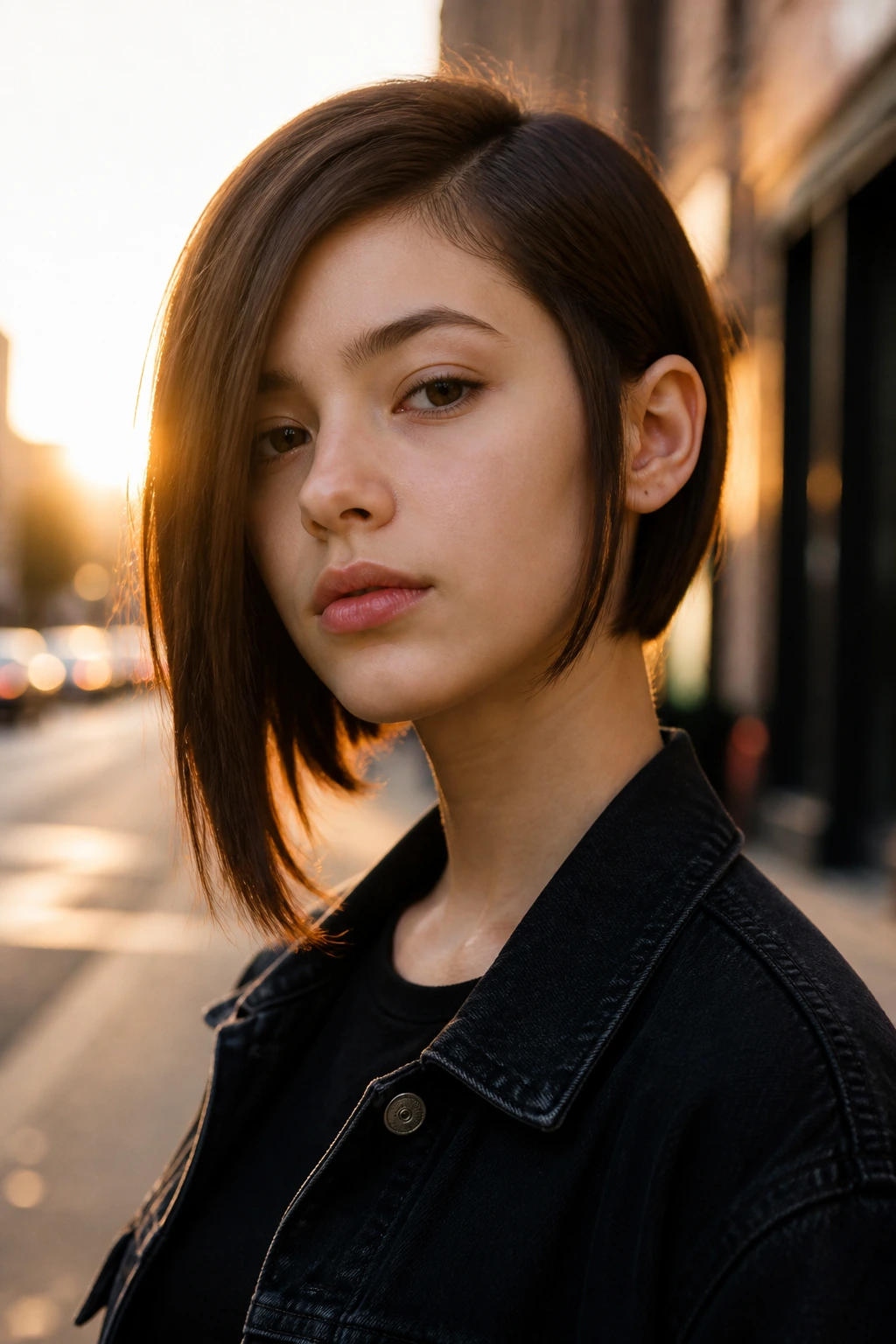 Teen with asymmetrical bob: close-up portrait showing a longer side and edgy angle