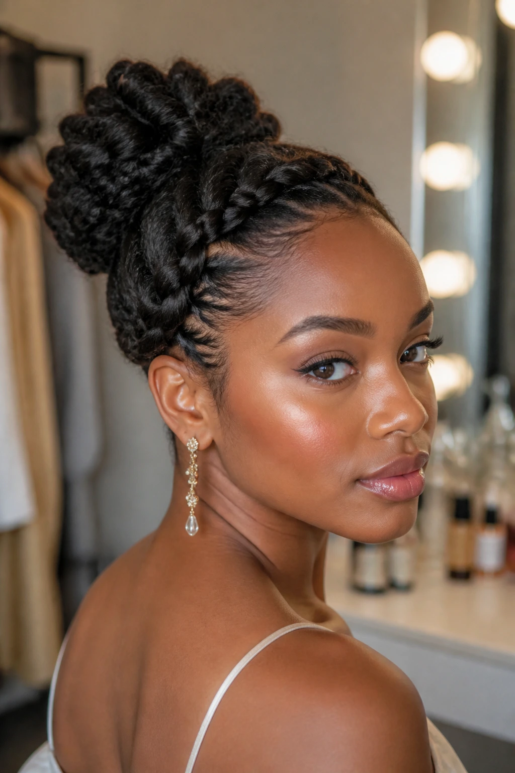 Close-up of a real woman with an asymmetrical braided bun
