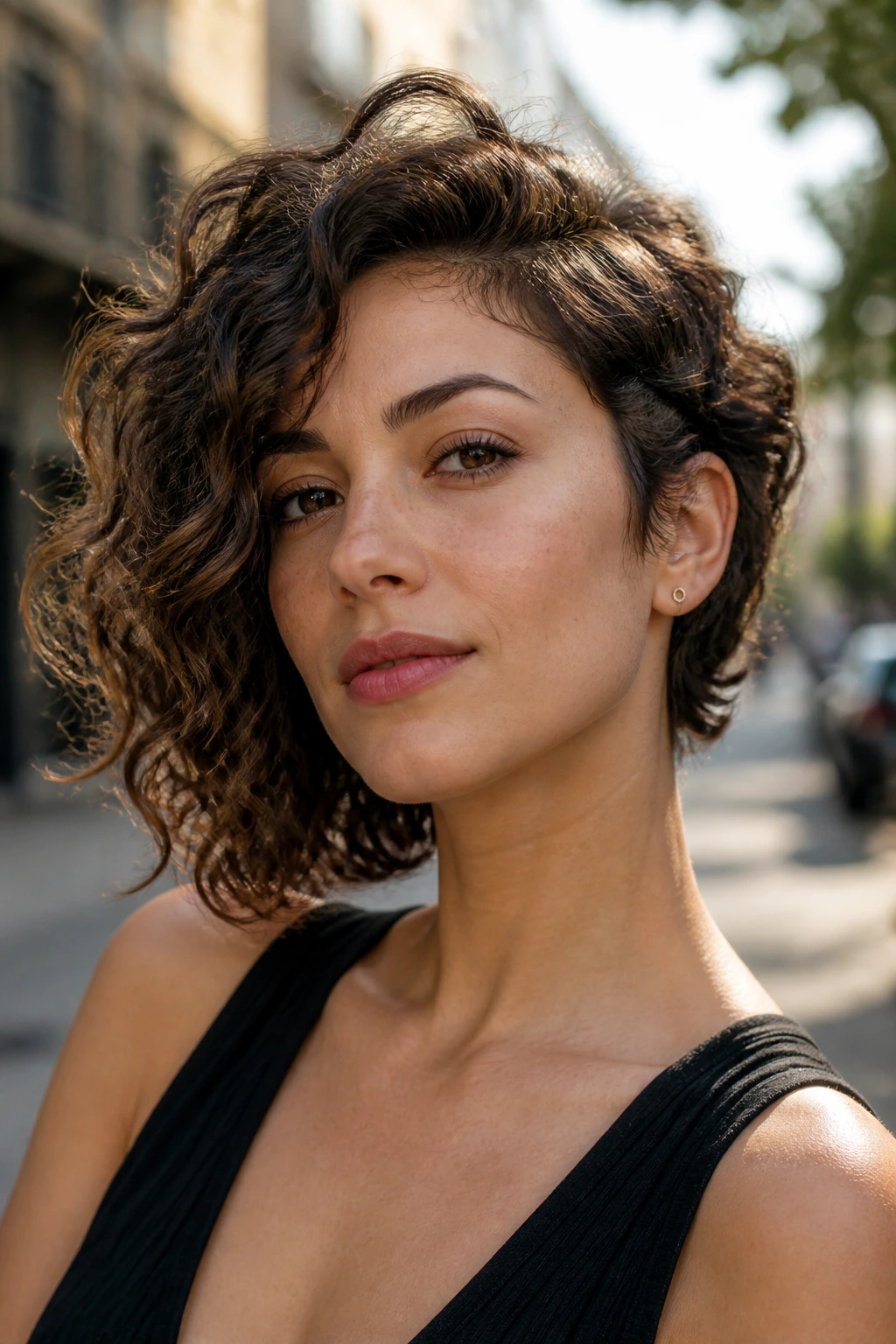 Real woman with an asymmetrical curly bob in outdoor daylight