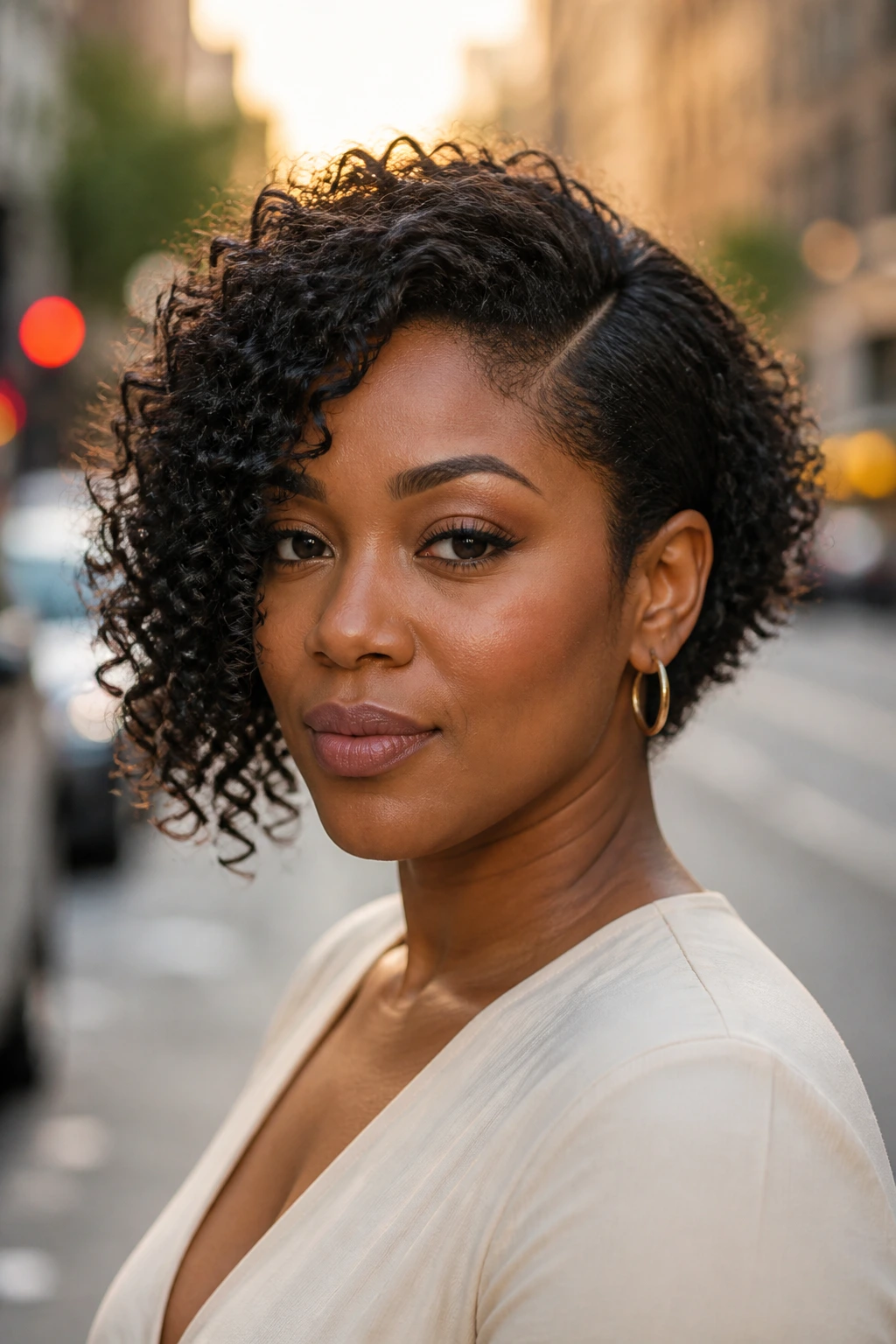 Real woman with an asymmetrical curly bob on a city street