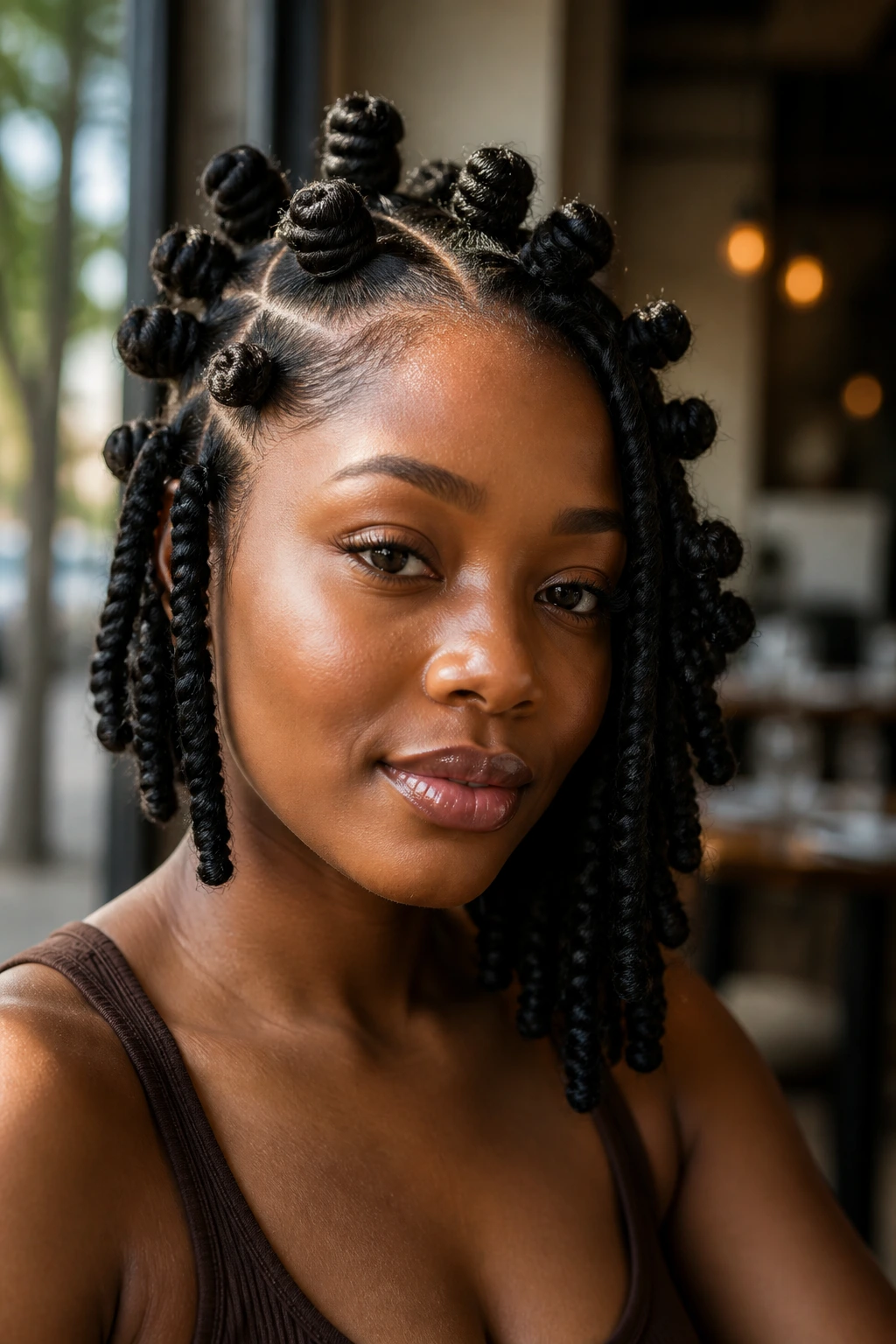 Medium close-up of an asymmetrical knot lob on a real person