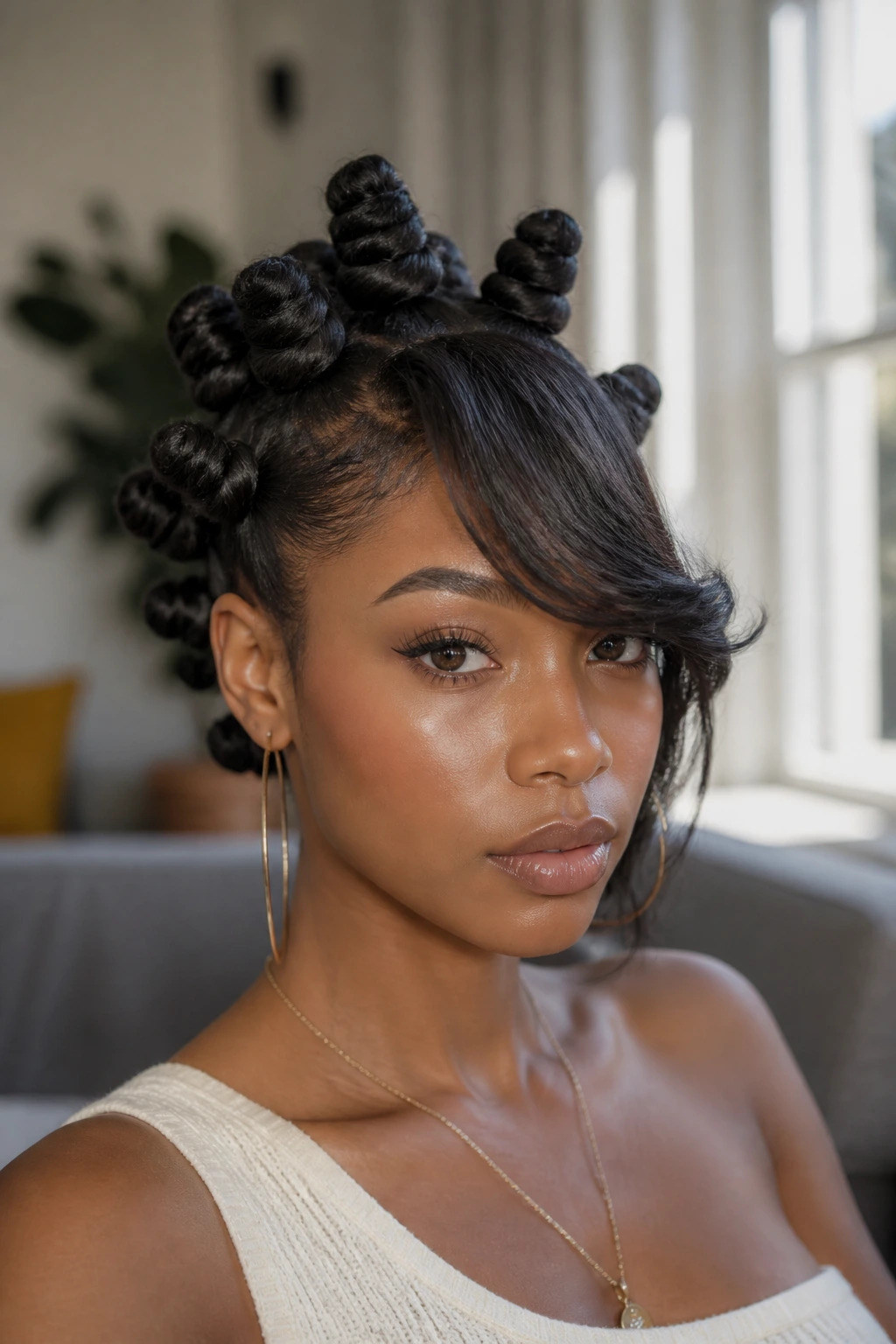 Close-up of a woman with asymmetrical bantu knots and a deep side bang under natural window light