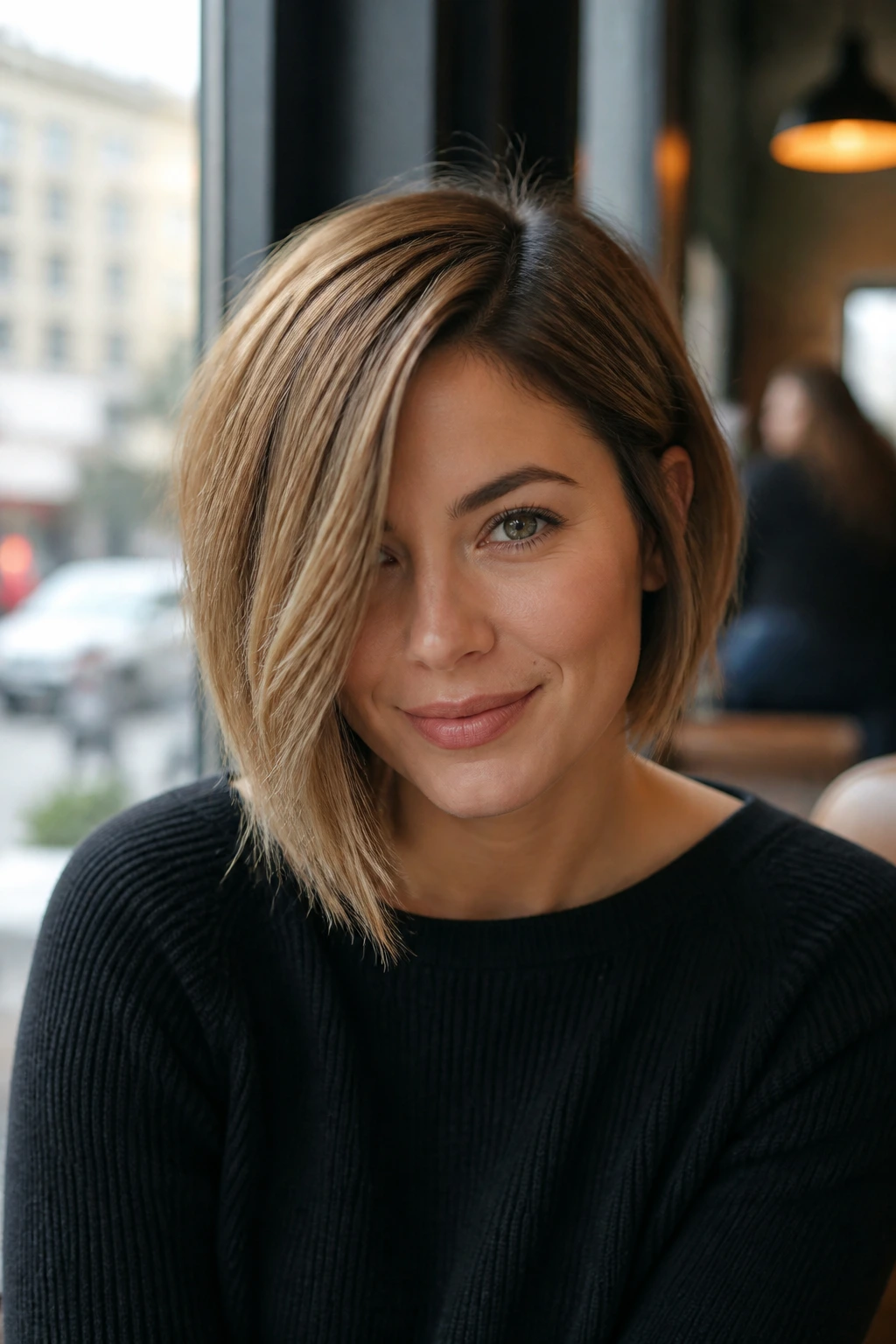 Close-up of asymmetrical layered bob on a real person with a longer side