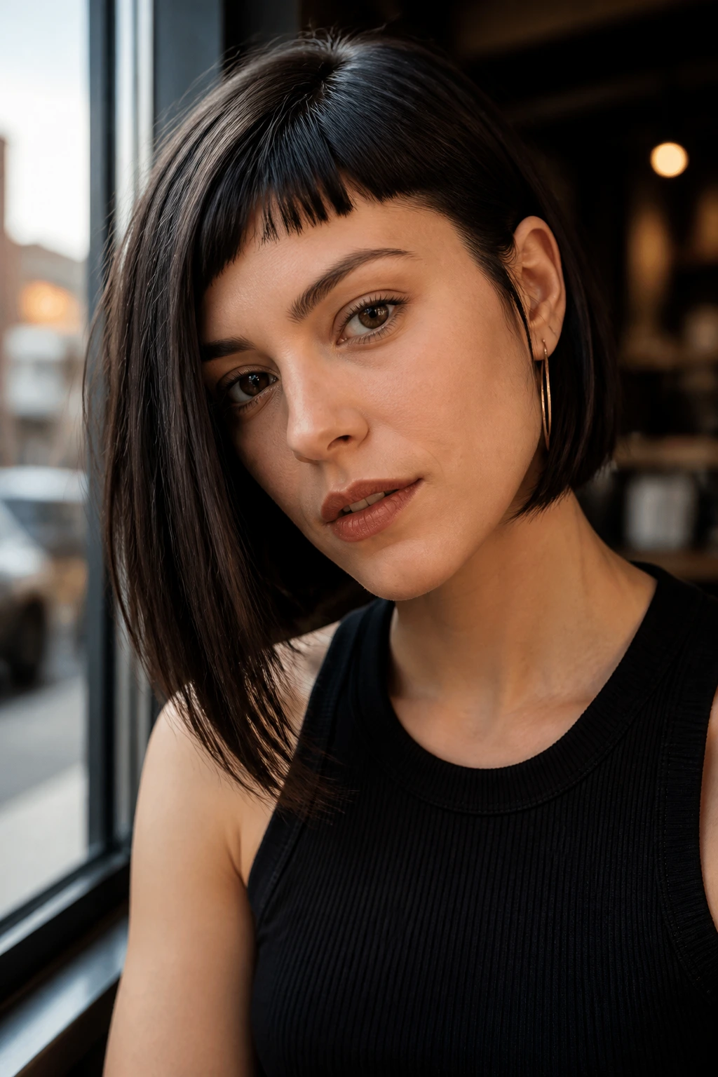 Close-up portrait of a real person with an asymmetrical lob and micro bangs in soft daylight