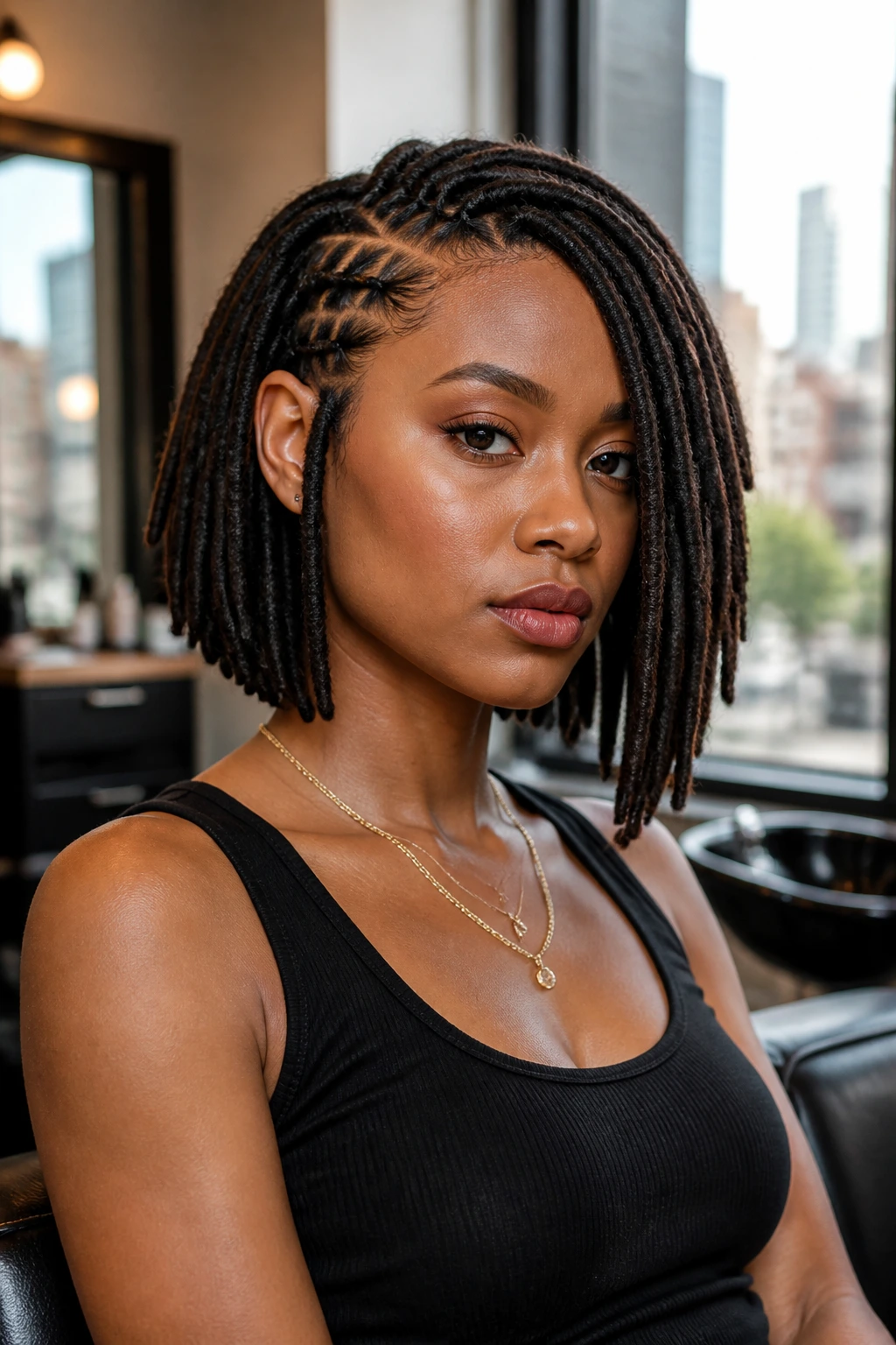 Close-up of a real person with an asymmetrical loc bob showing a 1-inch length difference between sides