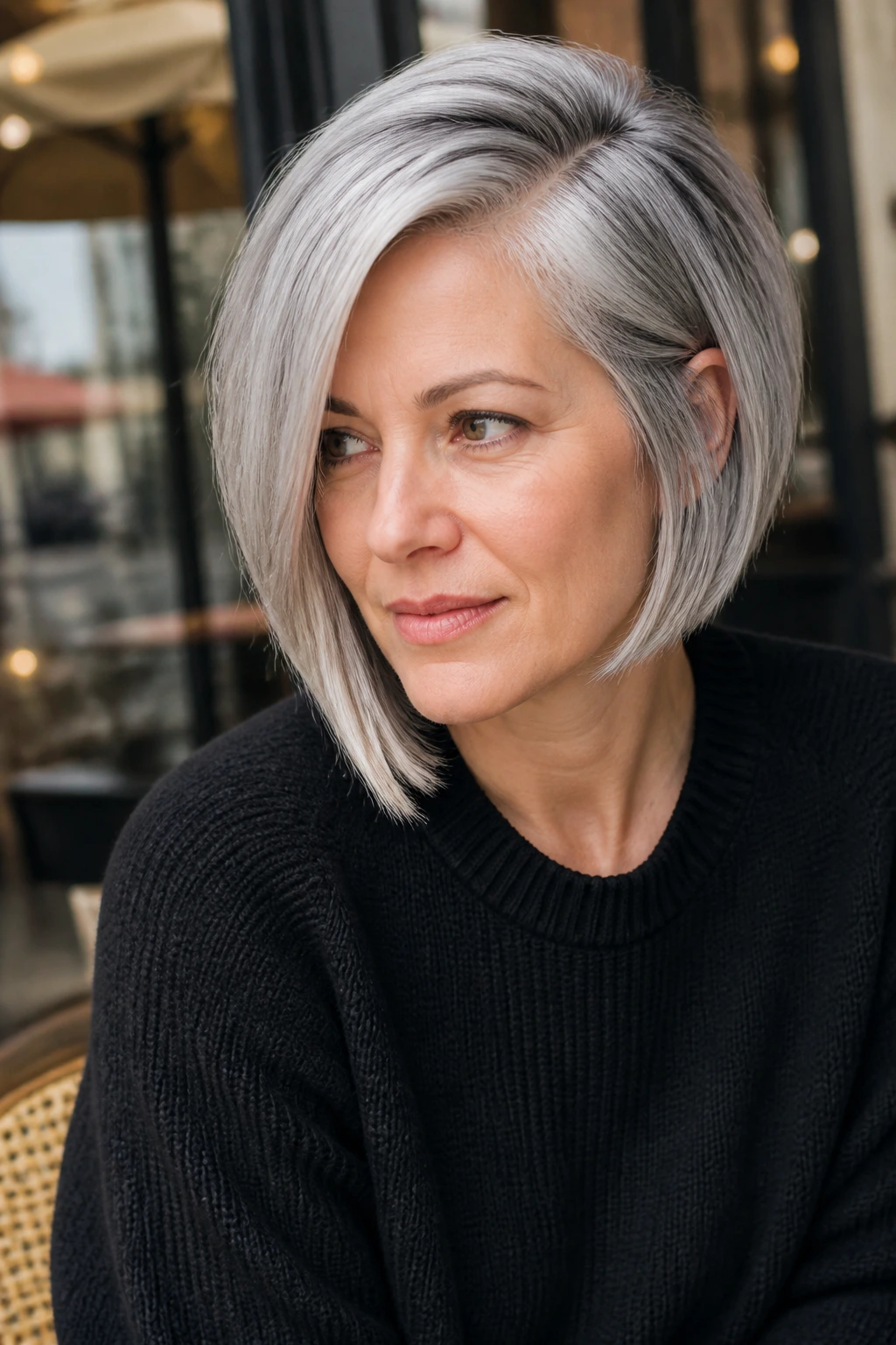 Close-up portrait of a real woman with an asymmetrical silver bob and deep side part