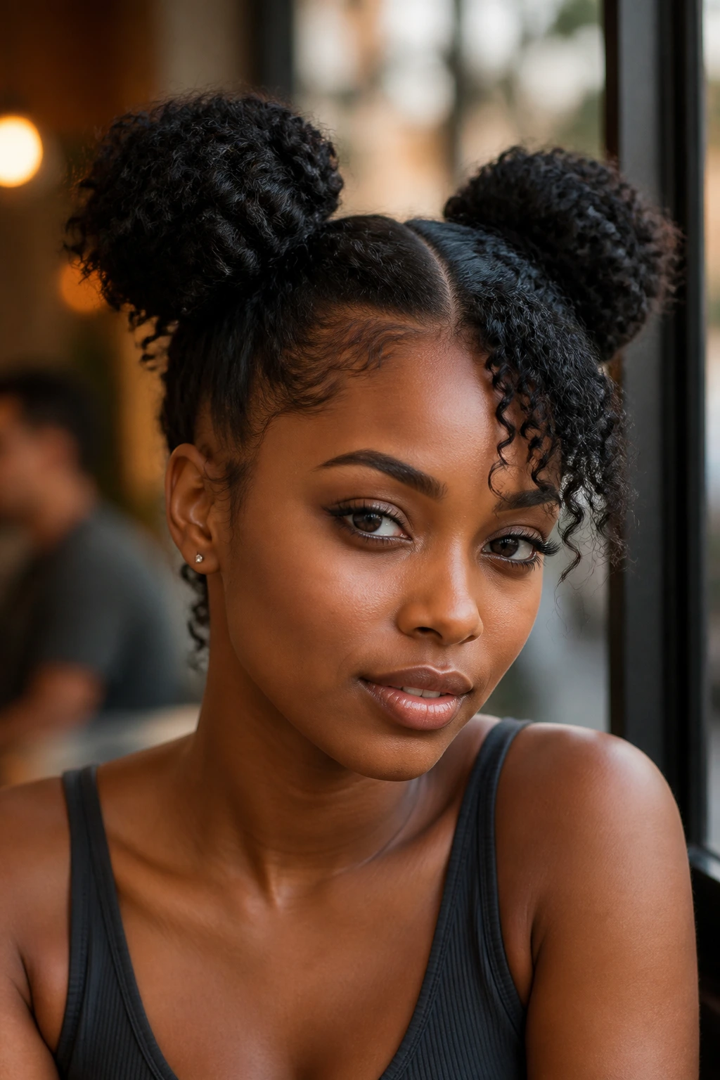 Close-up portrait of a real woman with asymmetrical space buns, side part, and curly fringe in cafe window light