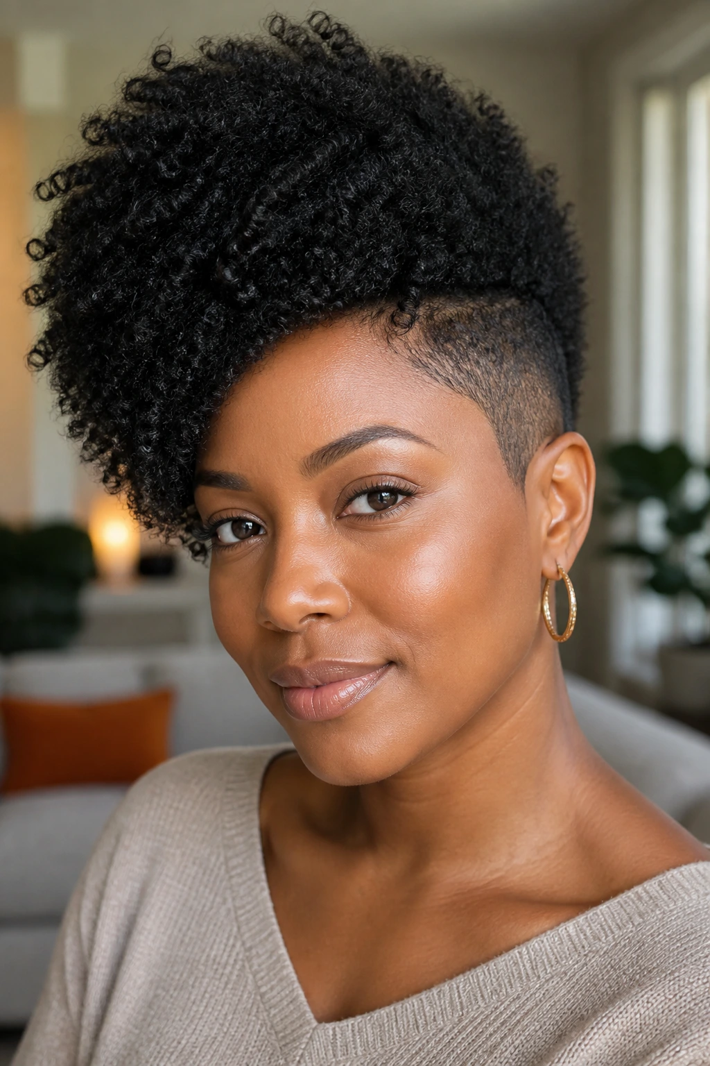Close-up of a real woman with an asymmetrical tapered Afro, one side longer and crown off-center, warm window light.