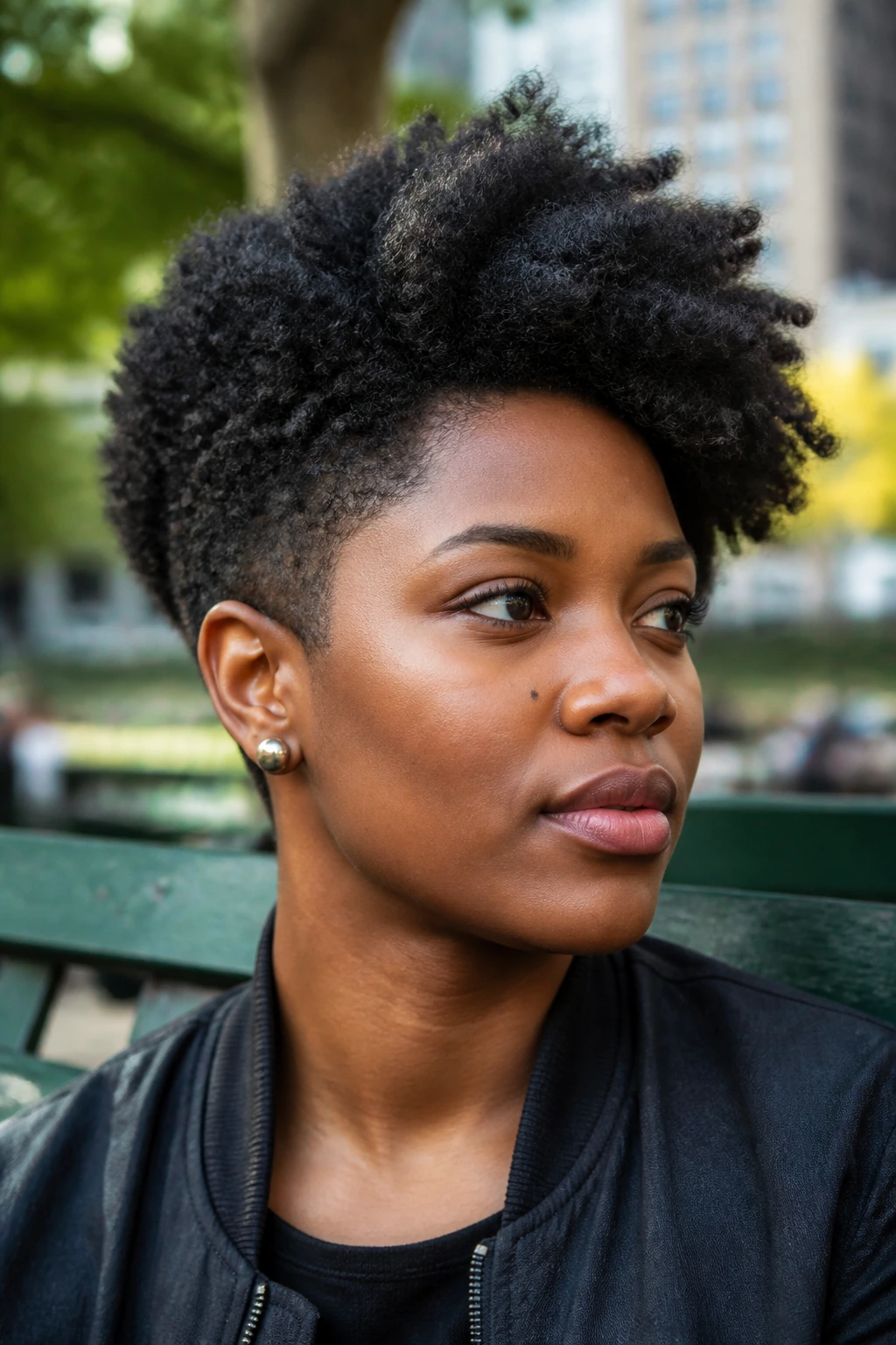 Close-up portrait of a real person with an asymmetrical tapered afro and side sweep