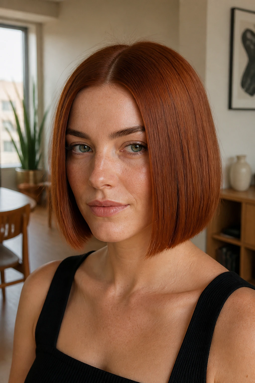 Real woman with auburn blunt bob and center part