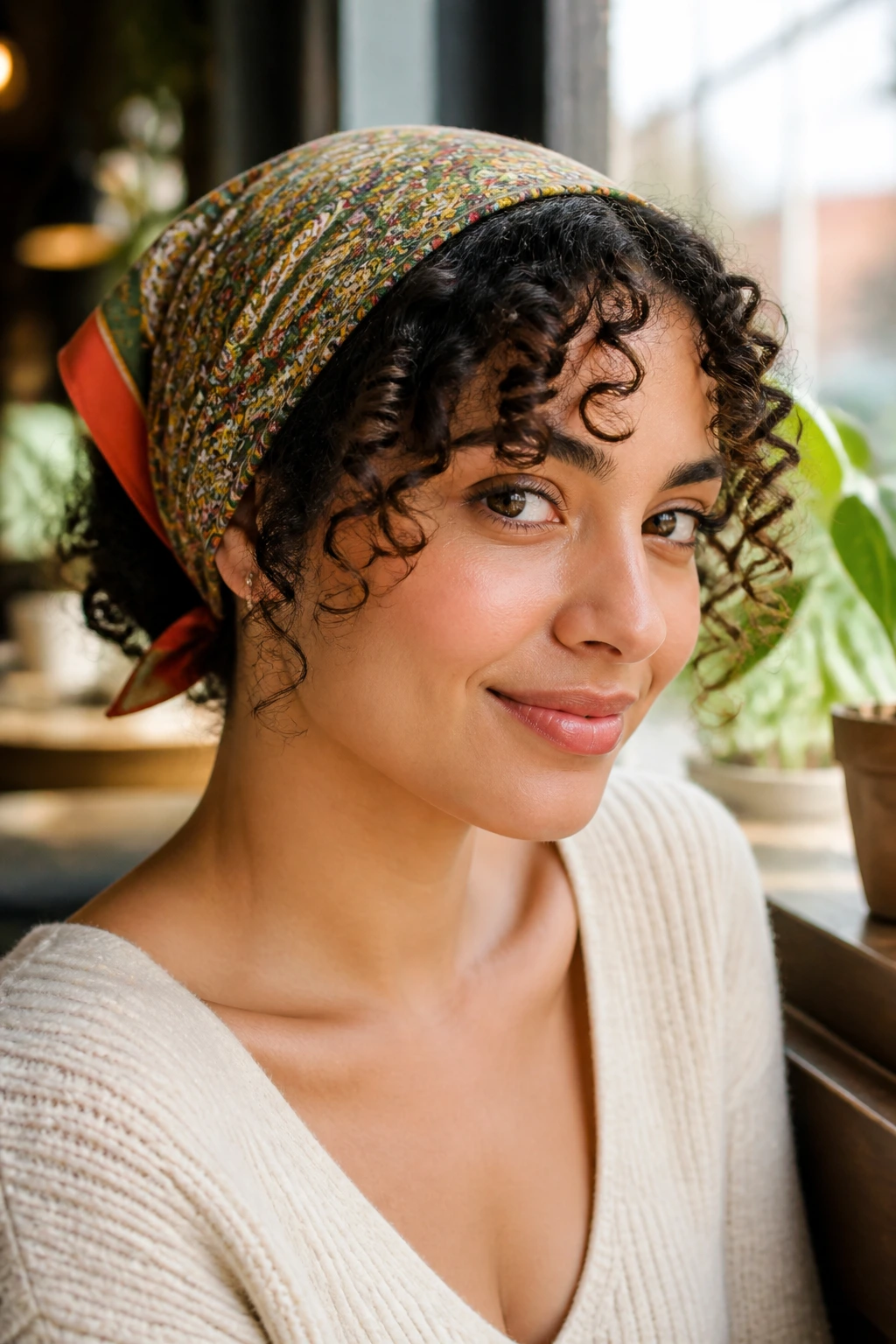 Woman wearing a bandana frame with front curls out, portrait view