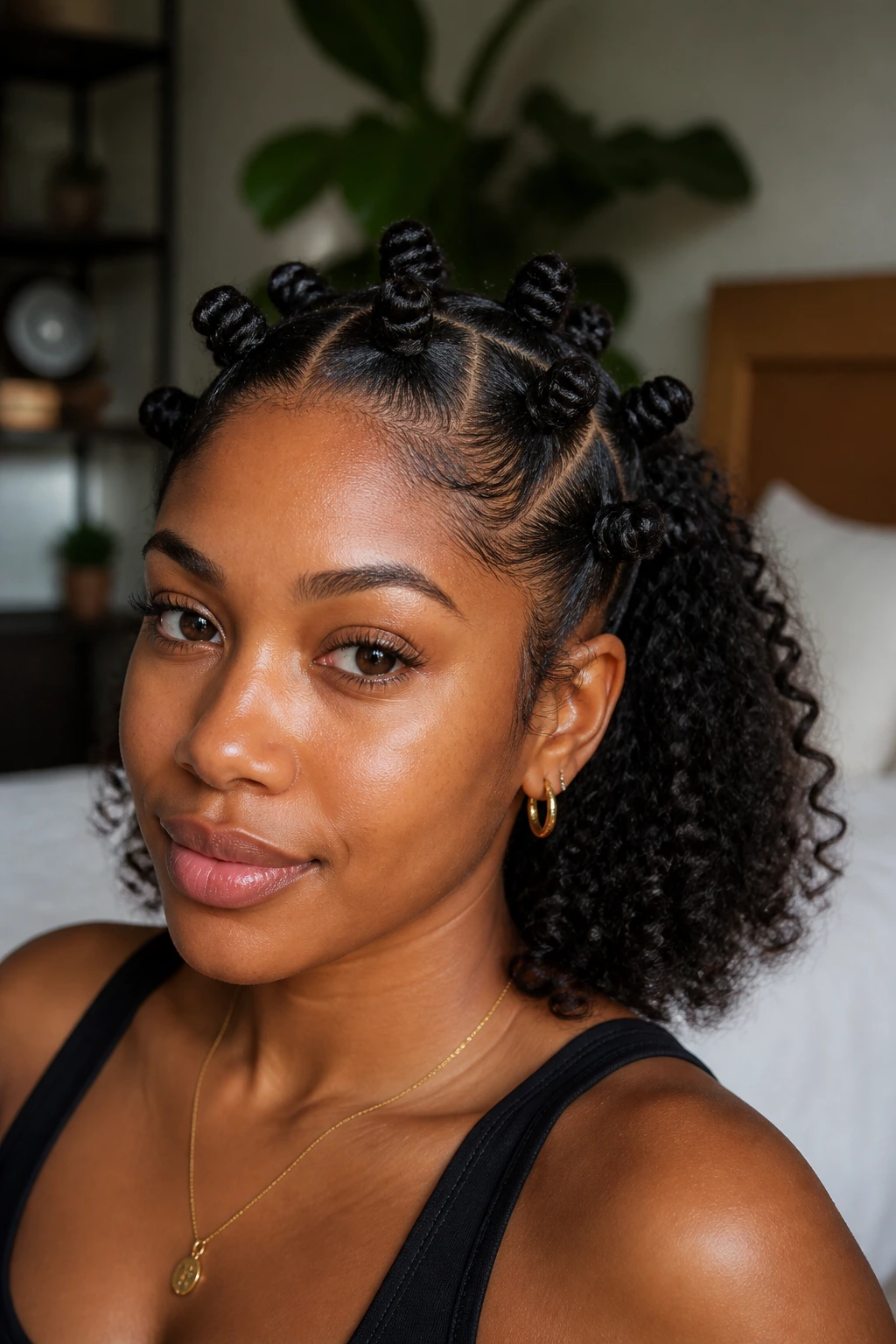 Close-up of real woman with bantu knot crown and loose back curls