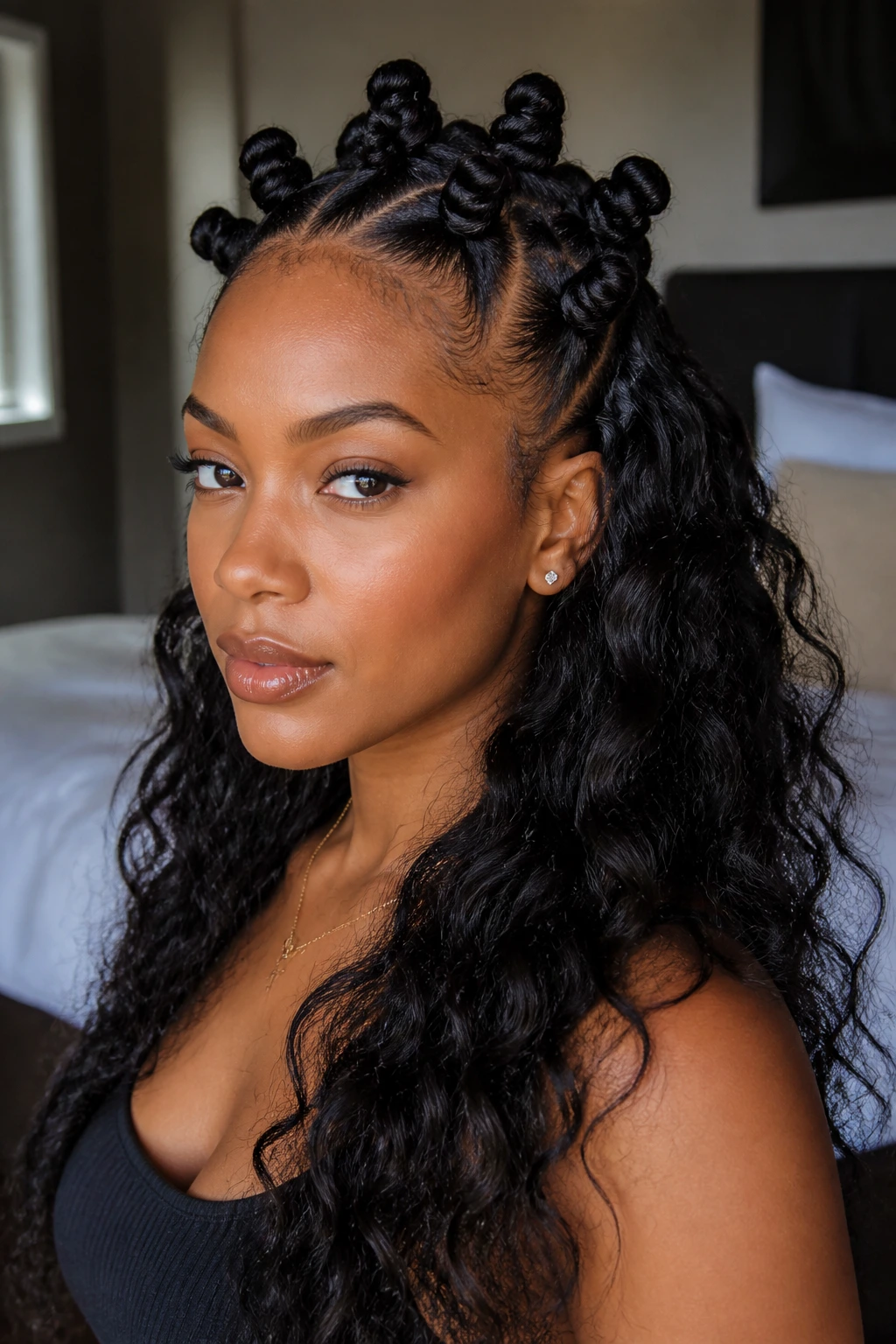 Close-up portrait of a real woman with a crown of Bantu knots and loose curls at the back.