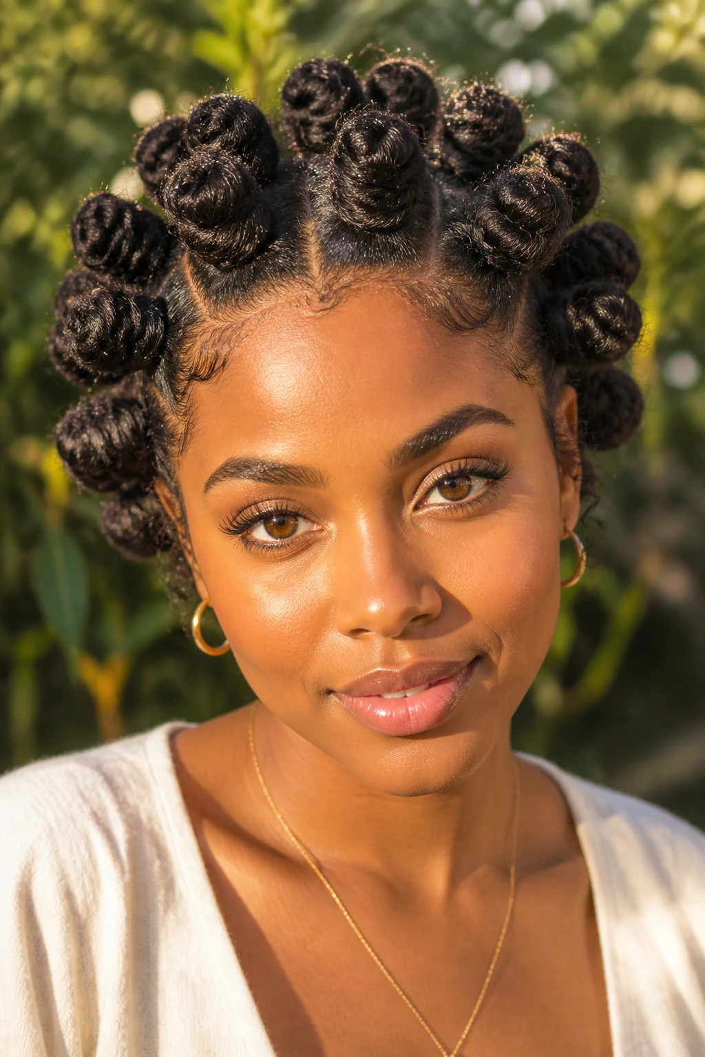 Close-up of a real person with bantu knot halo hairstyle