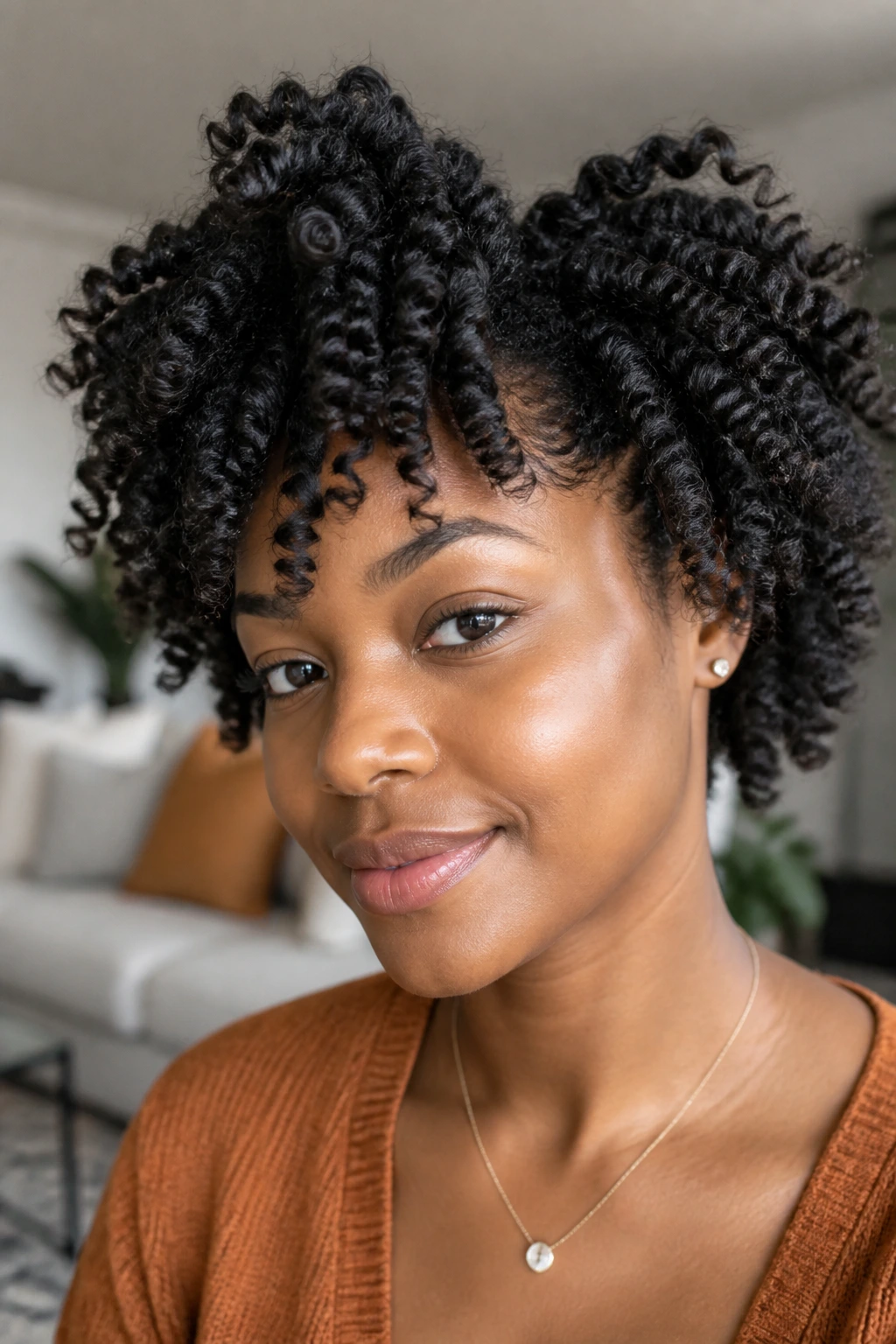 Real woman with knot-out curls in a home setting.