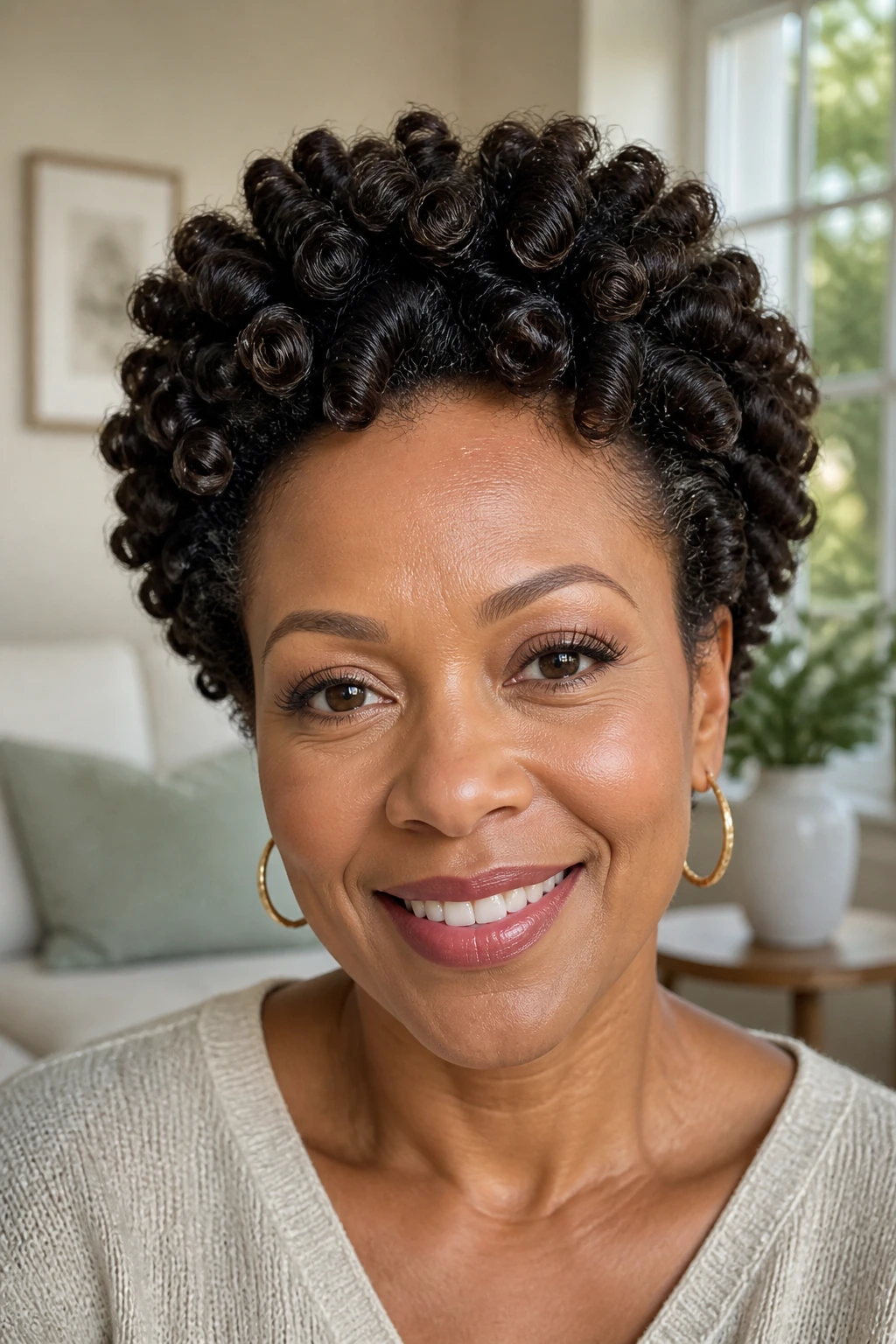 Close-up of a woman’s short afro with clearly defined Bantu knot-out spiral pattern