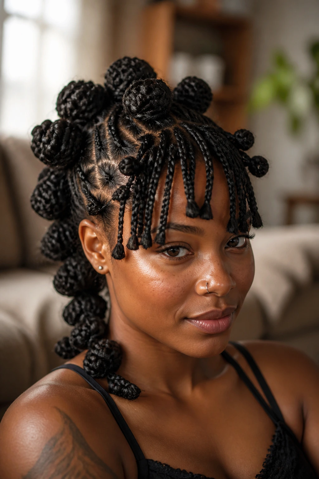 Close-up of a real woman with a statement Bantu knot ponytail and mixed-size bangs