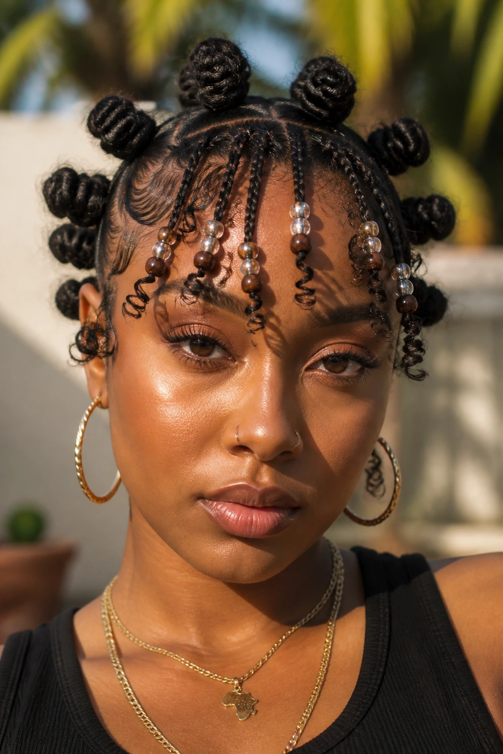 Beaded Bantu Knots with Thin Curly Bangs close-up