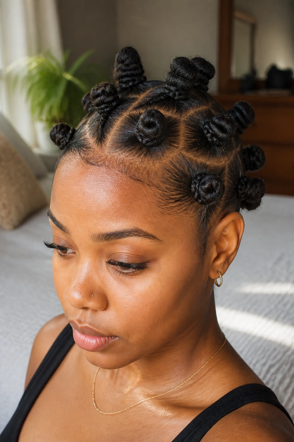 Close-up of a real woman with Bantu knots anchored by braided bases, hairstyle detail.