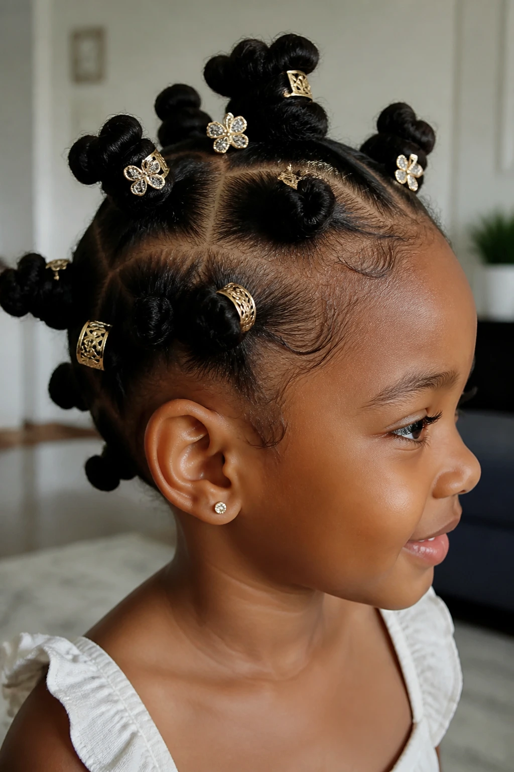 Child's bantu knots accented with small clips and cuffs