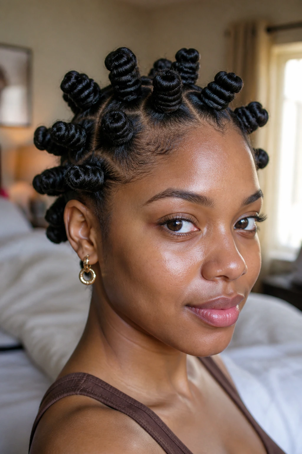 Close-up of a real woman with medium natural-black crochet Bantu knots, even knot size and subtle texture