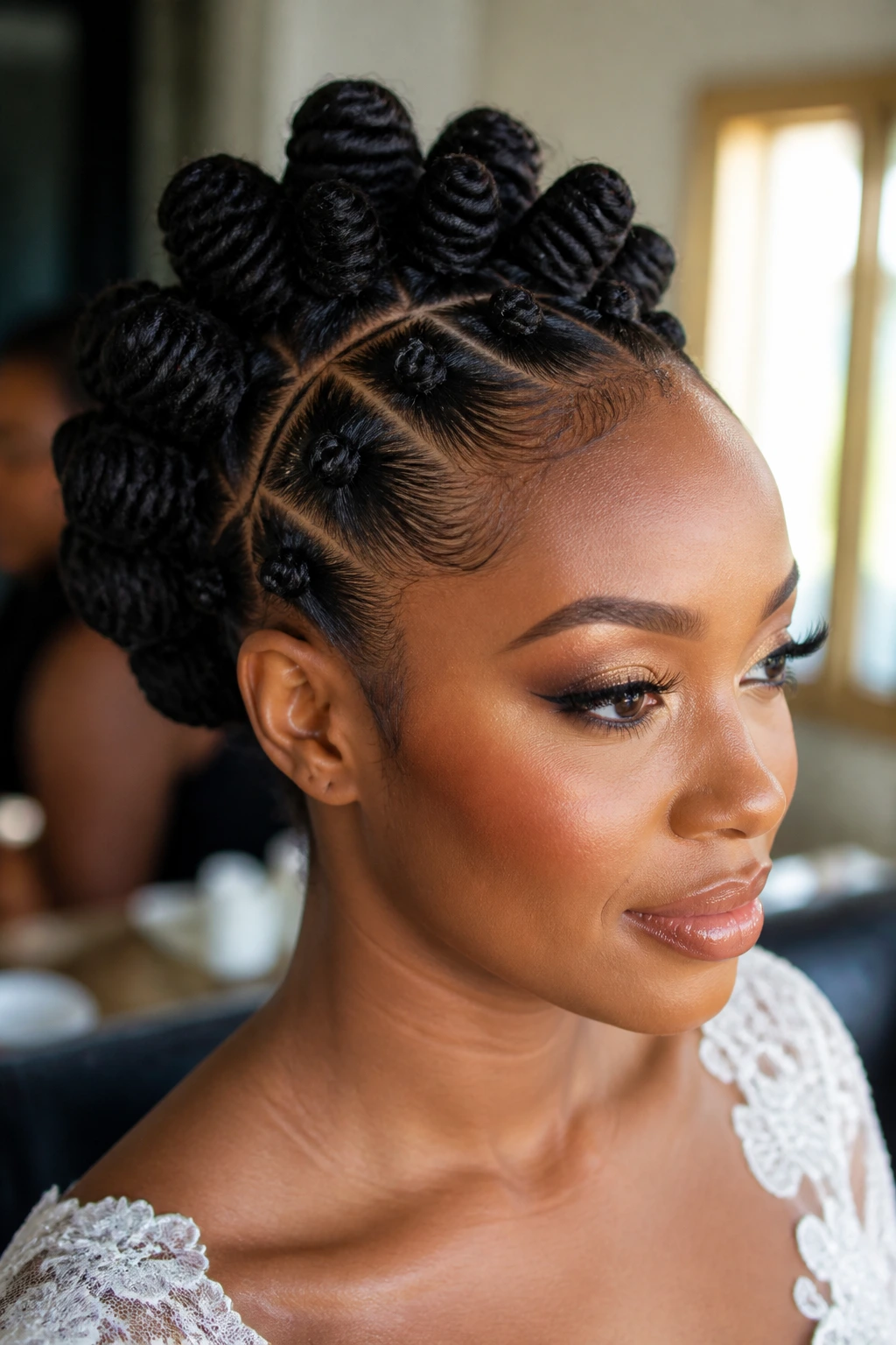 Close-up of a real woman wearing a Bantu Knot Crown Updo with crown knots and neat scalp parts