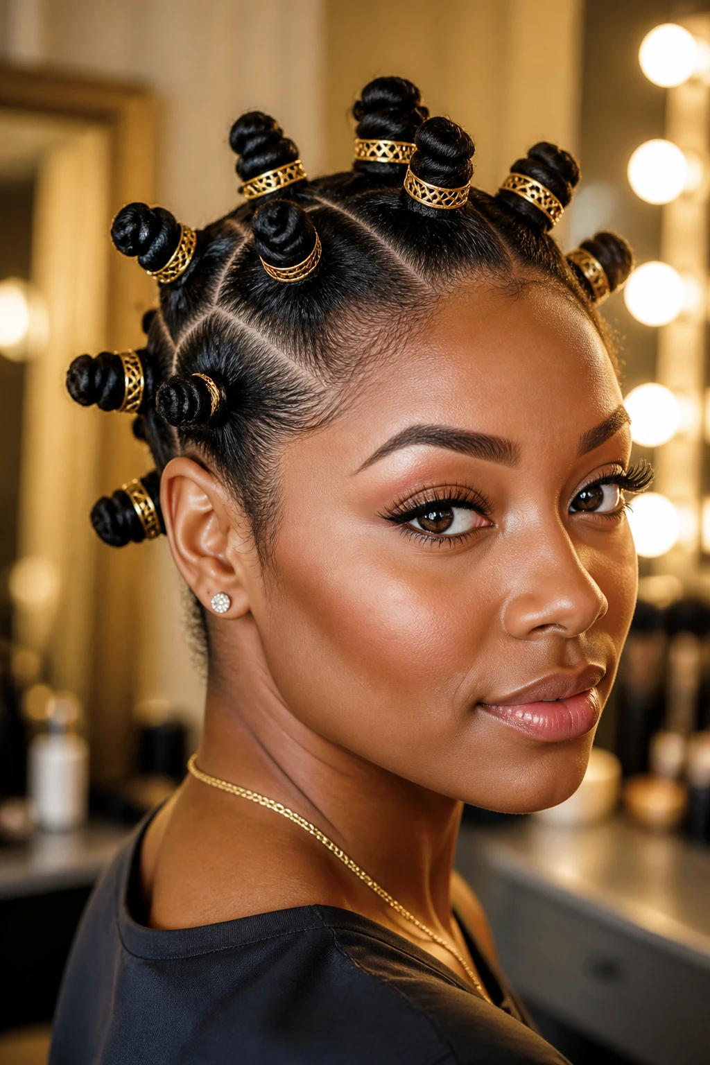 Real person wearing Bantu knots with gold cuffs on each knot.